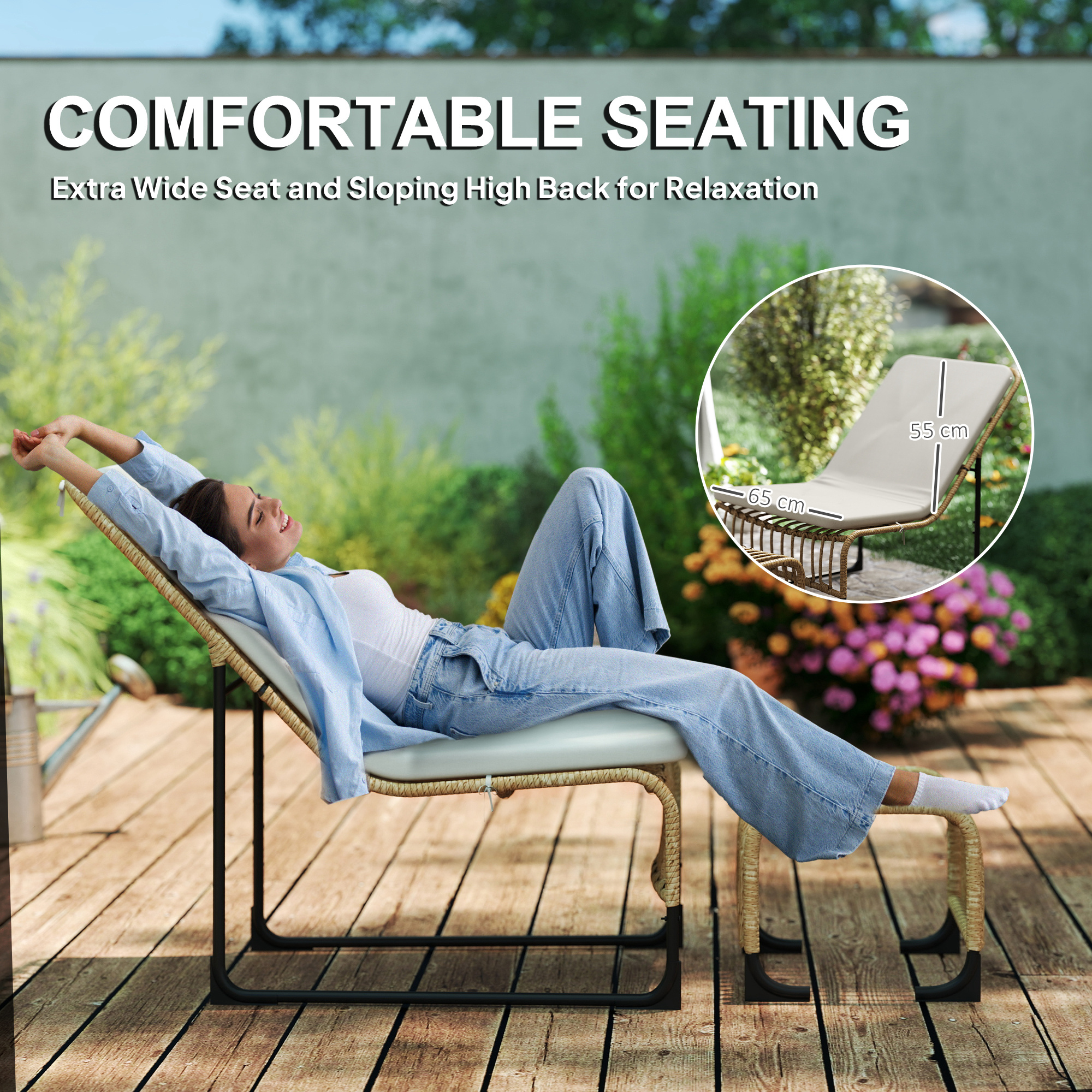Outsunny Rattan Relaxfauteuil met Voetenbank UV-bestendig Tuinfauteuil met Kussen en Banden 65 x 93 x 80 cm Natuurhout