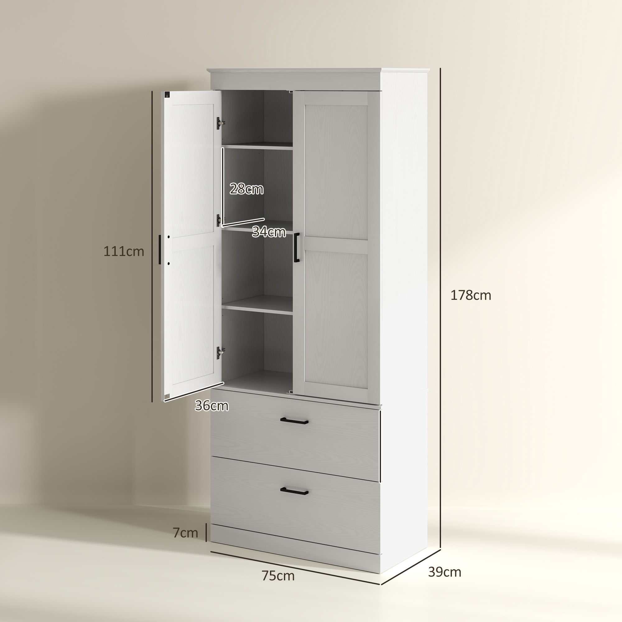 HOMCOM Vrijstaande Keukenkast met Verstelbare Schappen en Twee Brede Laden voor Woonkamer, Keuken, Wit
