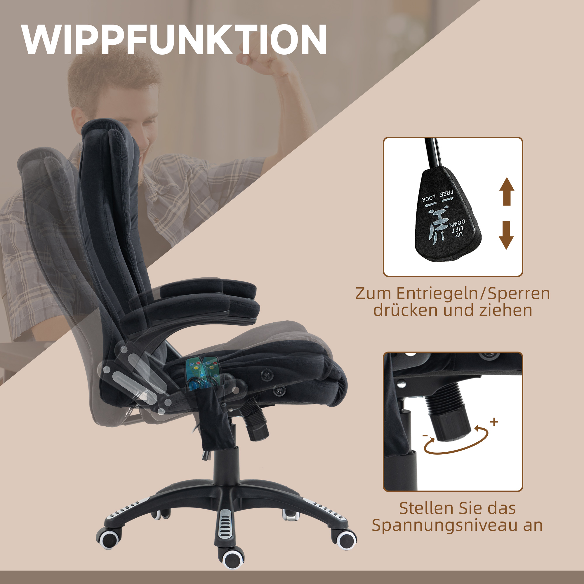 Vinsetto Bureaustoel met Massage- & Verwarmingsfunctie, Ergonomisch, Hoogteverstelbaar, Zwart