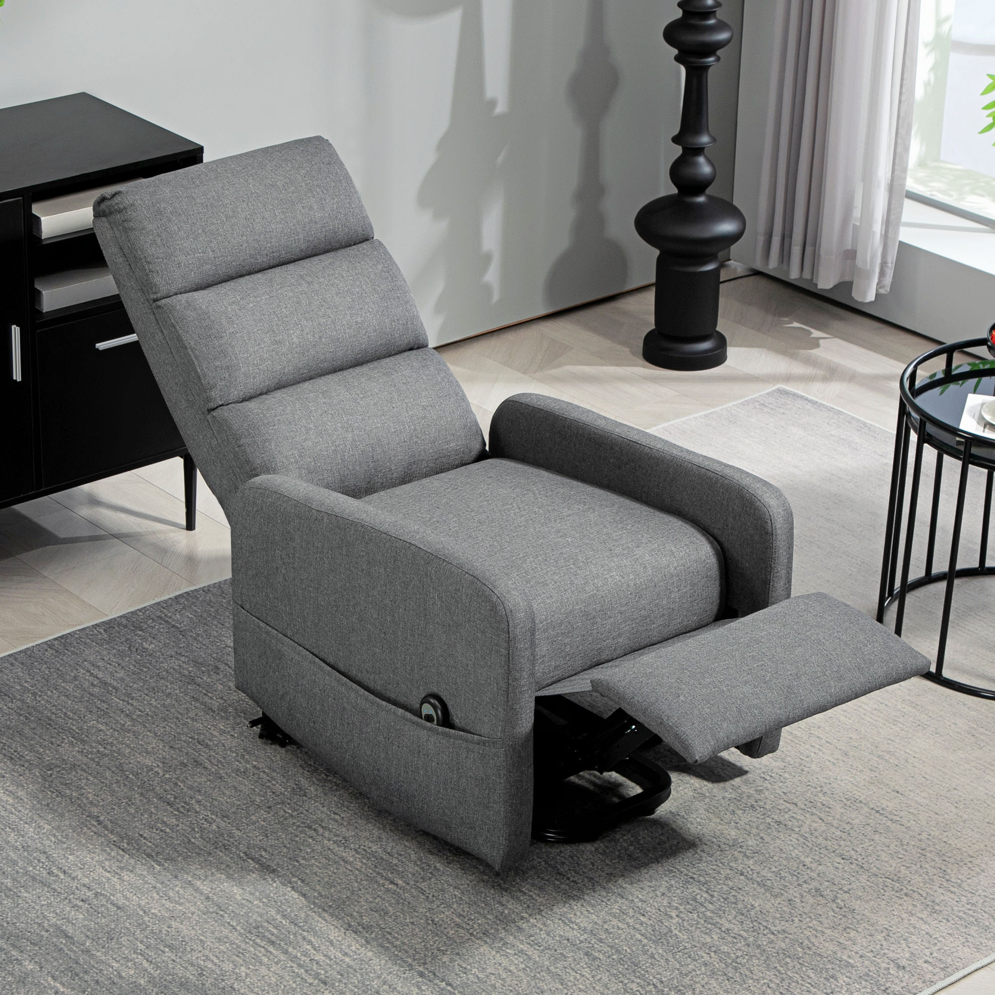 HOMCOM Elektrische Relaxstoel met Opstaanhulp, Afstandsbediening, Zacht Schuim, Zijvak, Bekleding in Linnenlook, Grijs