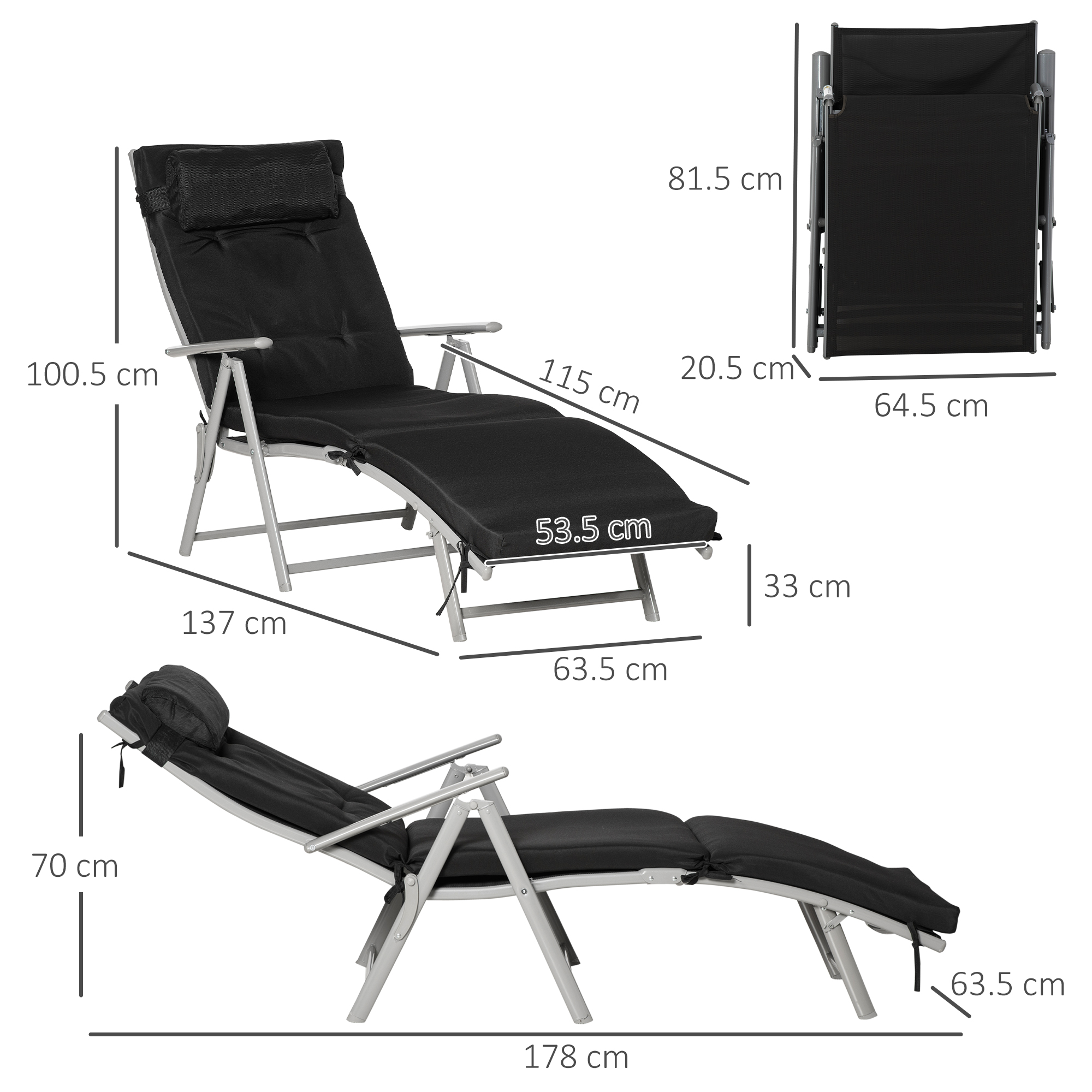Outsunny Ligbank, Opvouwbare Tuinligbed, Metaal, Verstelbaar, Zwart