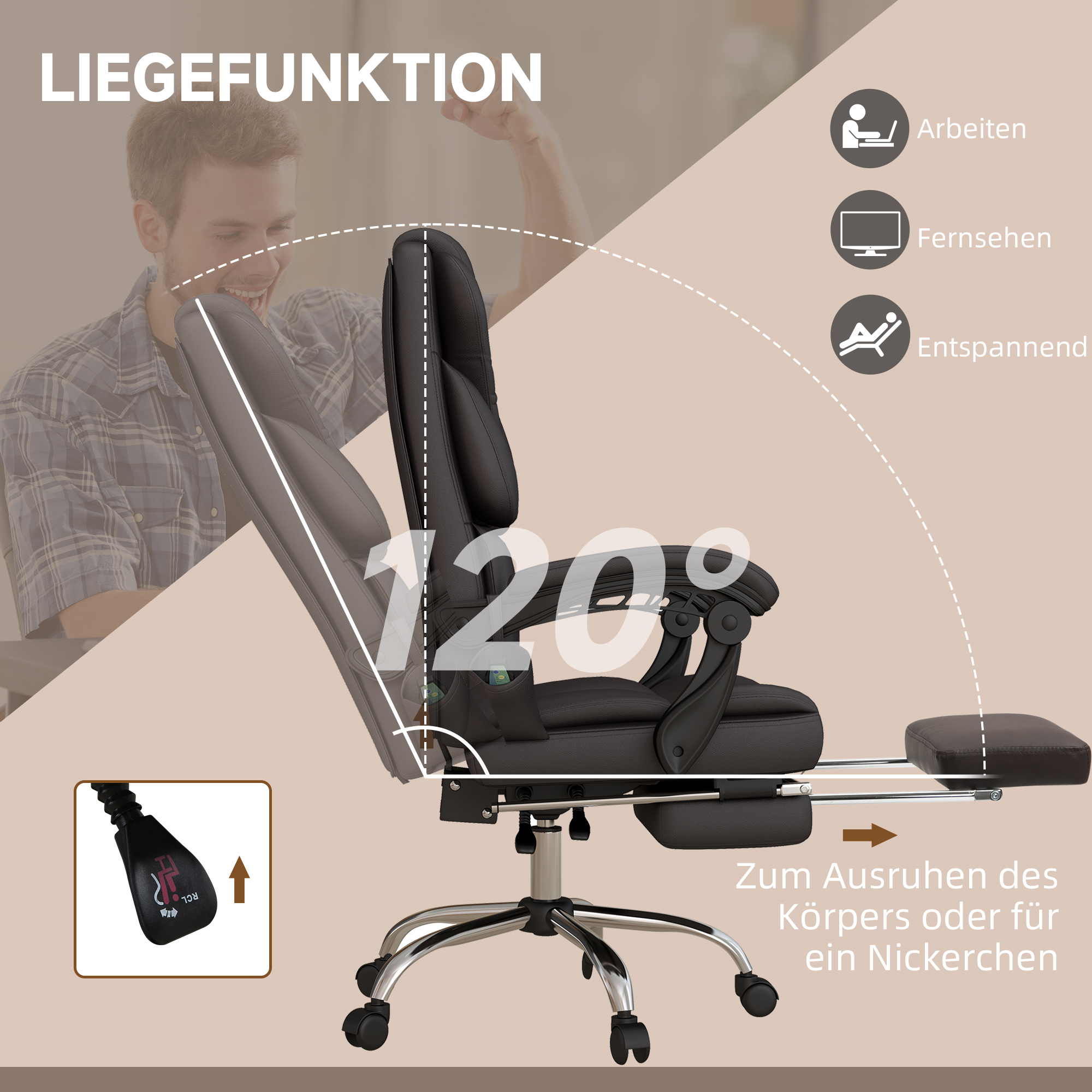 Vinsetto Ergonomische Bureaustoel met Massage en Ligfunctie, 63x57x118, Bruin