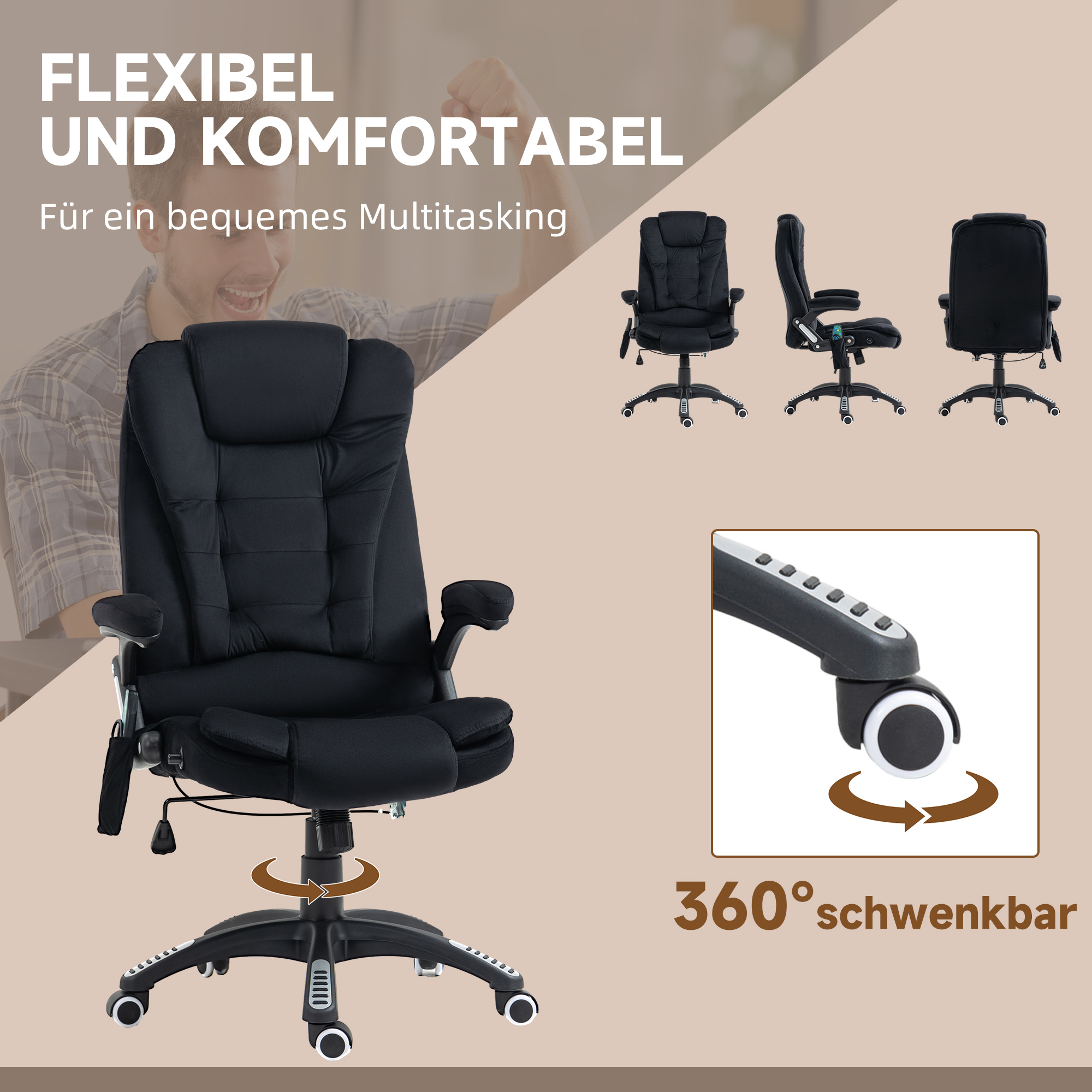 Vinsetto Bureaustoel met Massage- & Verwarmingsfunctie, Ergonomisch, Hoogteverstelbaar, Zwart