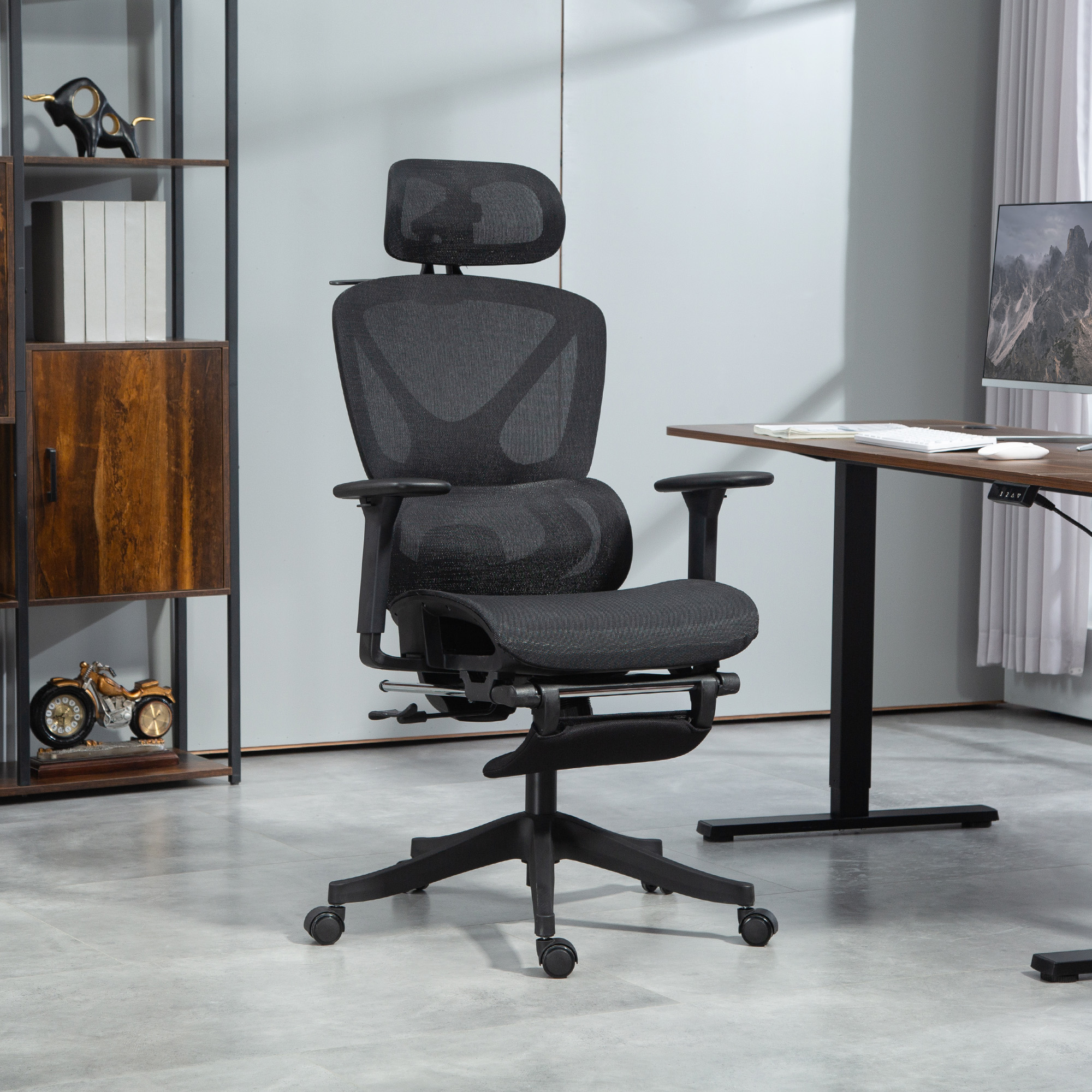HOMCOM Bureaustoel, Ergonomisch Draaibaar, 135 Graden Kantelbaar, Verstelbaar, Zwart