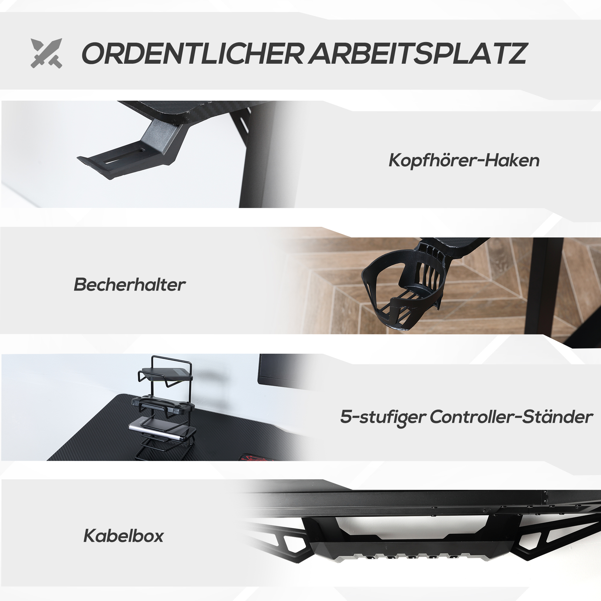 HOMCOM gaming-tafel bureau L-vormig met koptelefoonhaak bekerhouder computertafel metaal MDF zwart + rood 168 x 109 x 78 cm