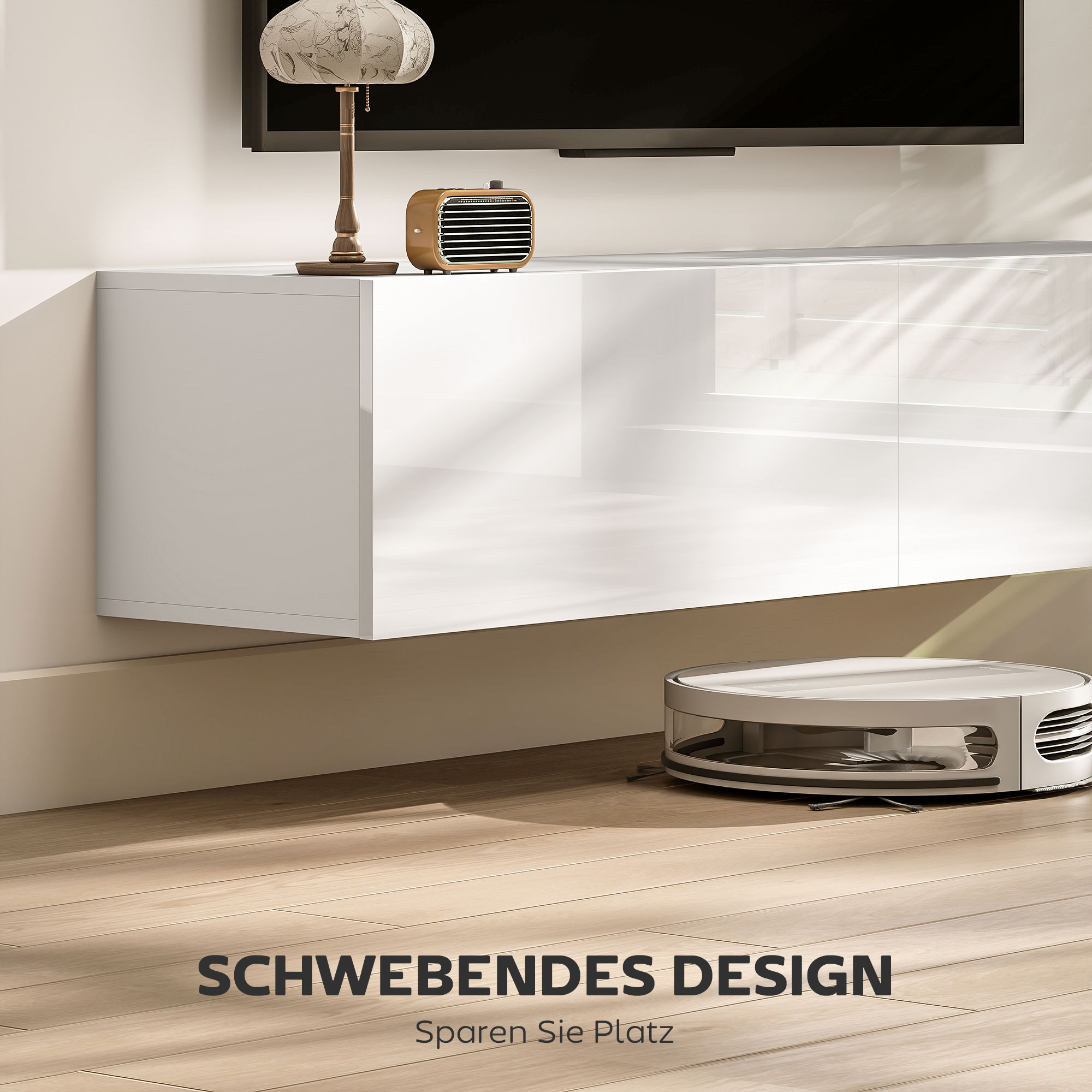 HOMCOM Wandgemonteerde Tv-kast, Zwevende Tv-console met Veel Afzetgebied en Opbergruimte, Spaanplaat, Wit