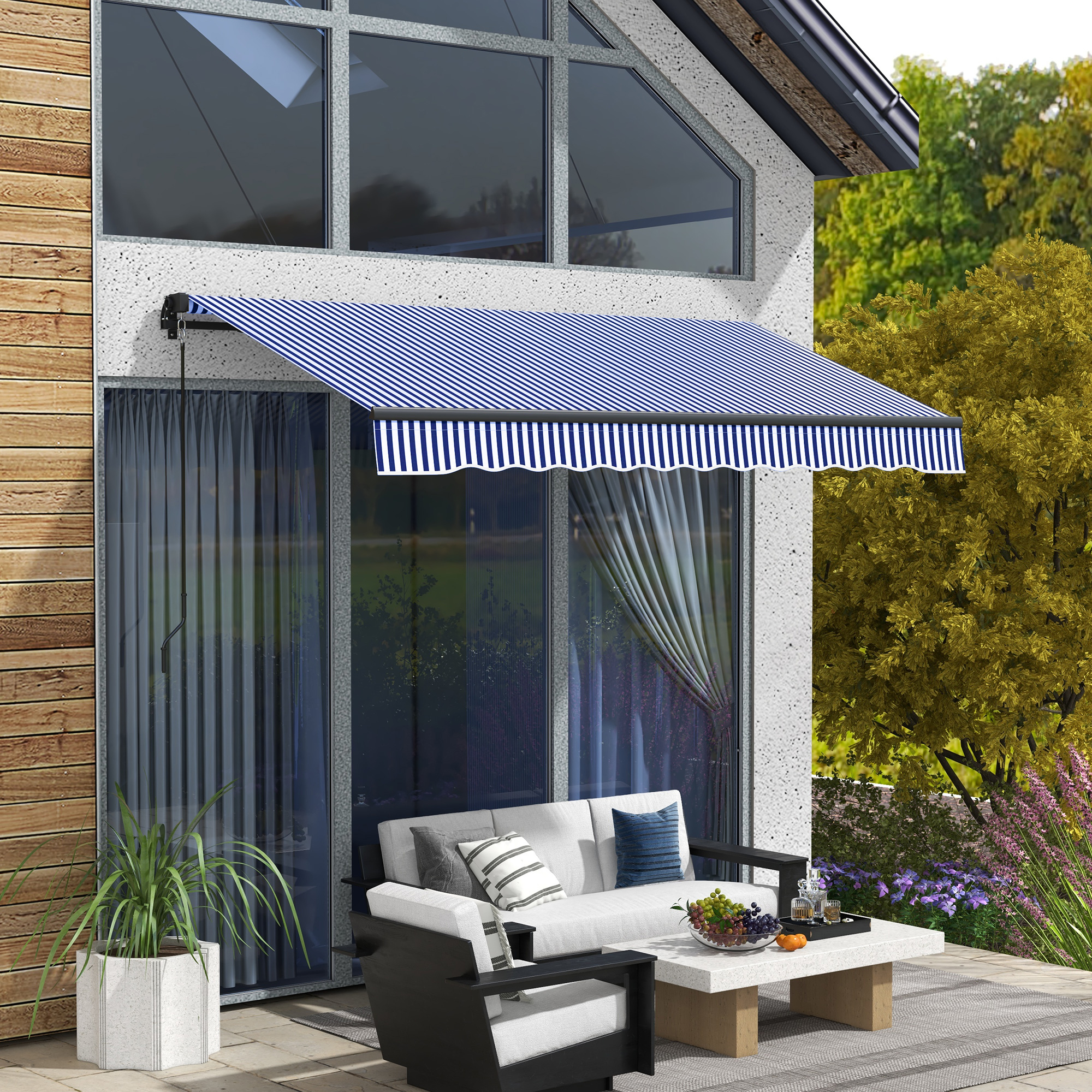 Outsunny Zonneluifel Luifel voor Terras, incl. Handkruk, weerbestendig, 247 cm x 295 cm, Blauw + Wit