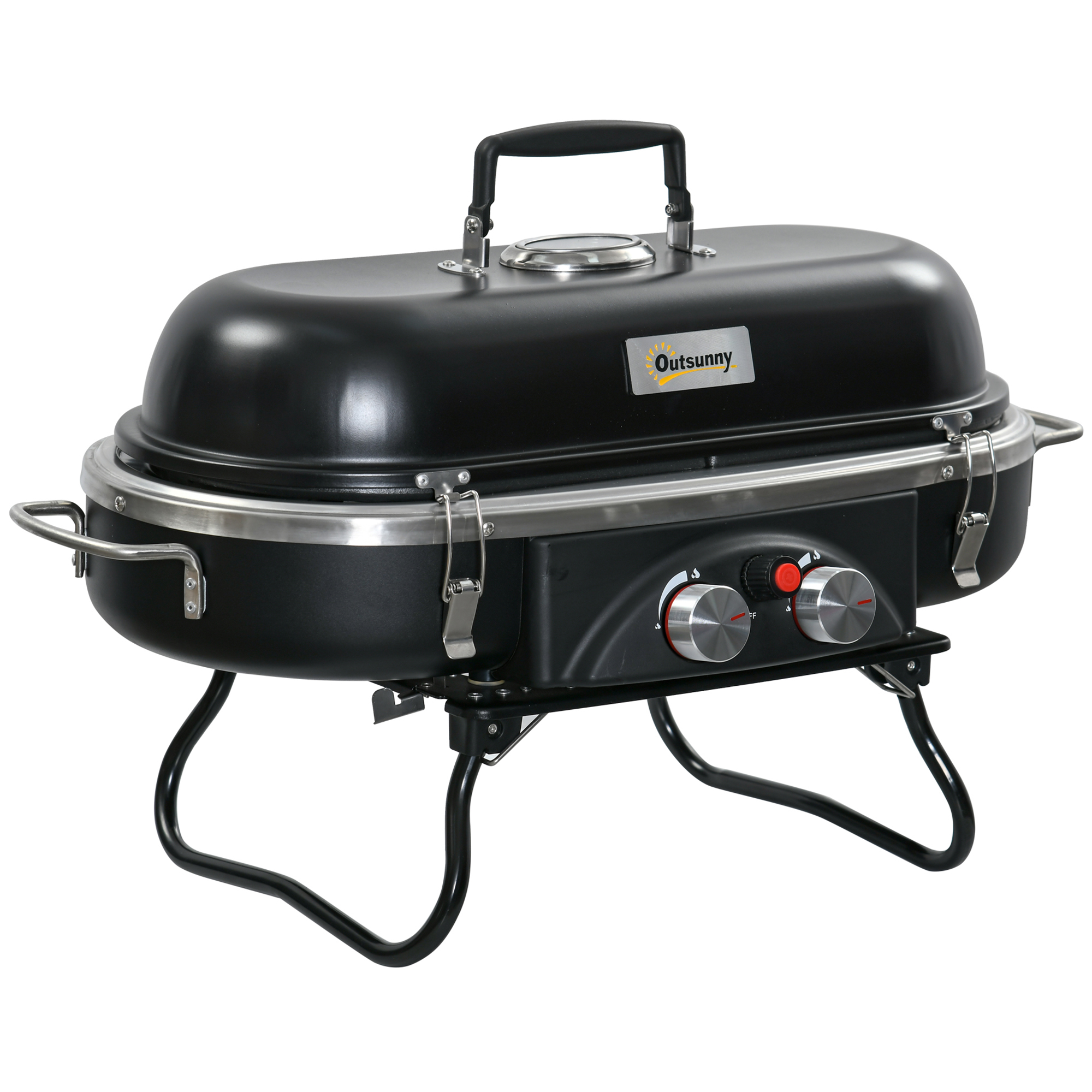 Outsunny Gasbarbecue 2,34 KW Opvouwbaar BBQ Tuinbarbecue incl 2 Roestvrijstalen Branders Drukverminderaar 66 x 34,5 x 37 cm Zwart