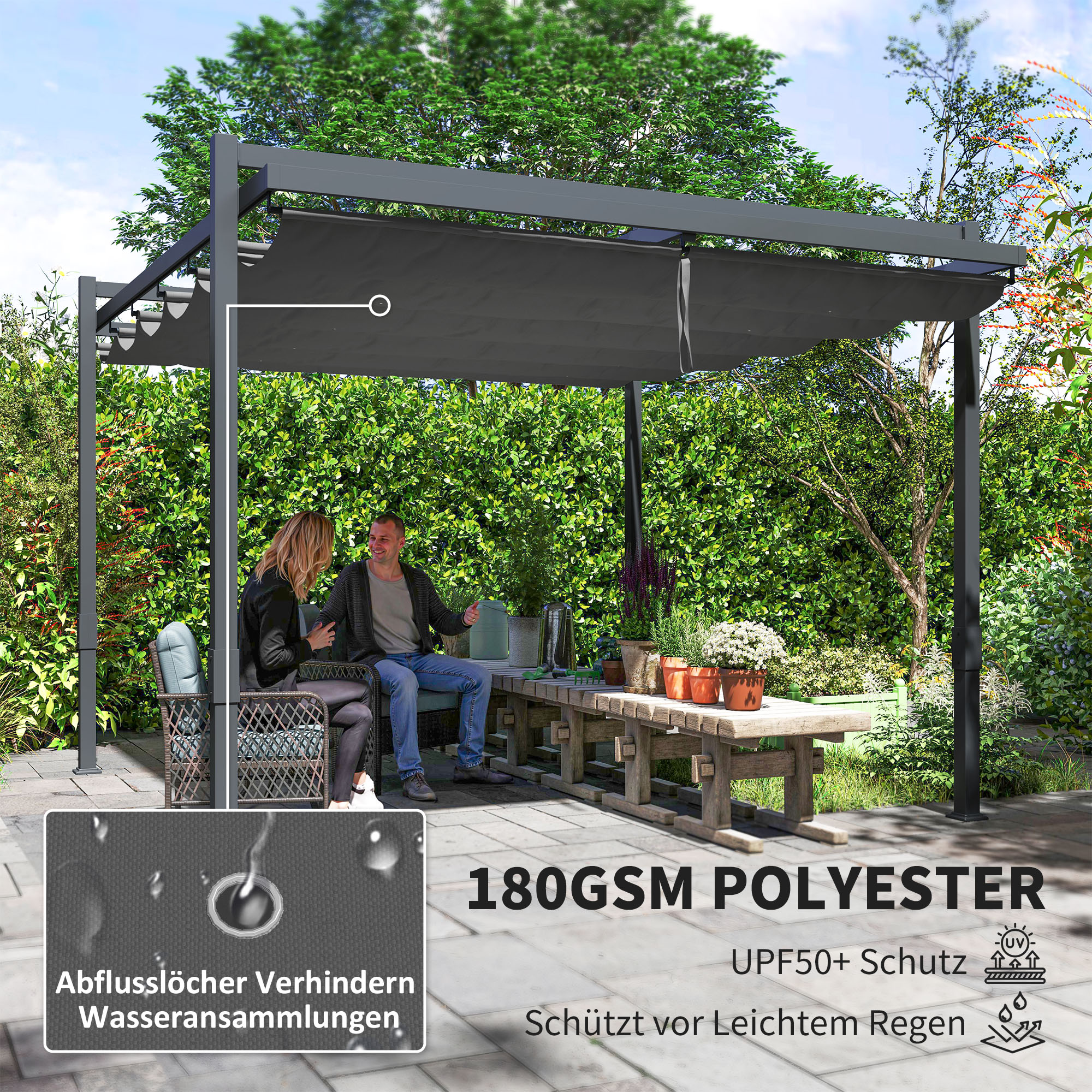 Outsunny Pergola met Schuifdak ca. 3,5x3m Aluminium Duurzaam Winterbestendige Zonwering Grijs