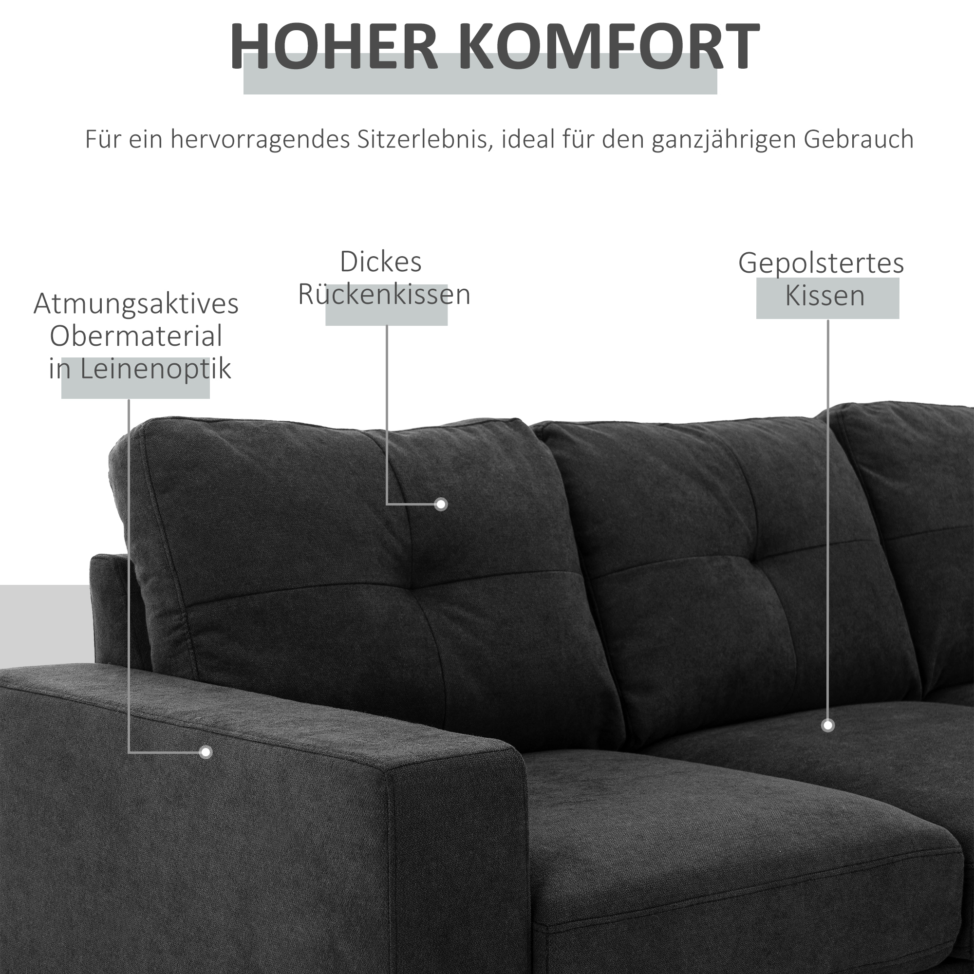 HOMCOM 3-zits hoekbank, linnenlook, omkeerbare chaise longue, 193x136x85 cm, zwart