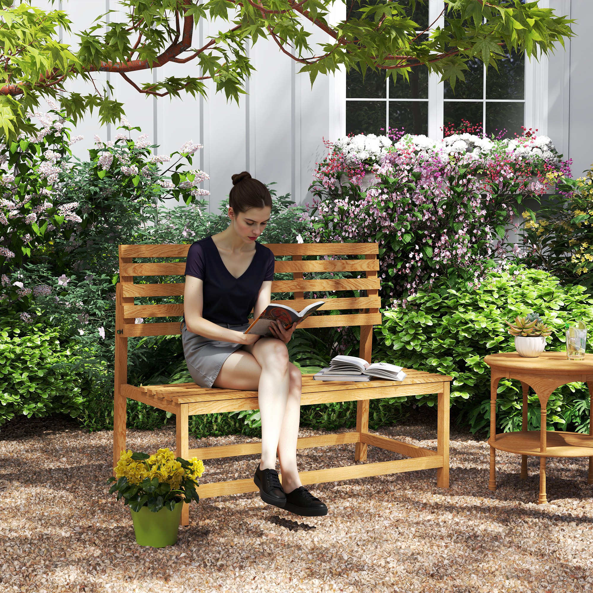 Outsunny 2-zits Tuinbank van Hout, Weerbestendige Zitbank, UV-Bestendige Tuinmeubelen met Omzetbare Rugleuningen 110x61x89cm, Teak