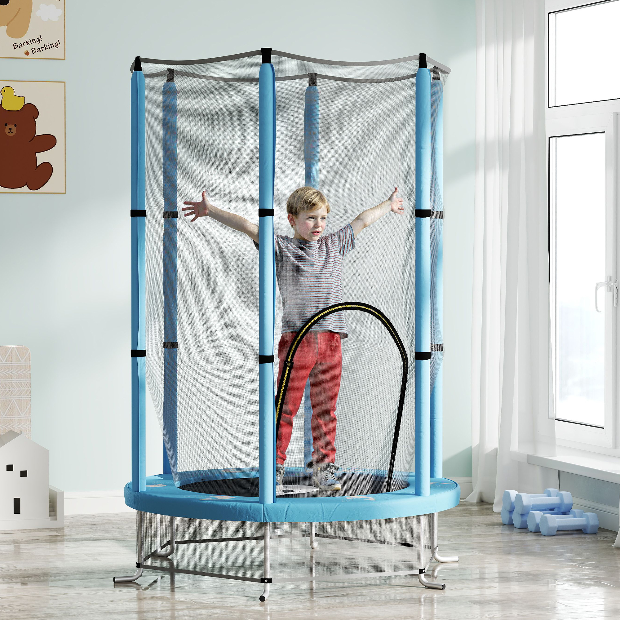 AIYAPLAY Kindertrampoline met Veiligheidsnet, Voor Binnen- en Buitengebruik, 3-6 Jaar, Lichtblauw