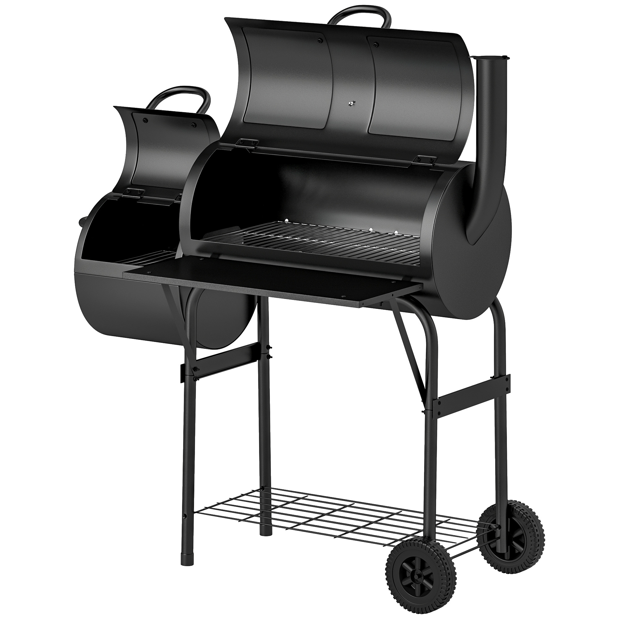 Outsunny Stalen Houtskoolgrill BBQ Smoker met Deksel, Thermometer, Wielen, Luchttoevoer, Kolenbak