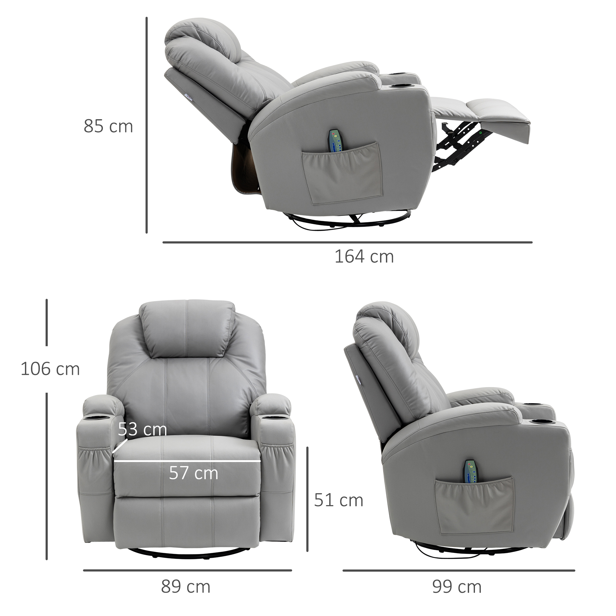 HOMCOM Massagestoel met voetensteun, 8 vibratiepunten, 5 modi, inclusief afstandsbediening, lichtgrijs.