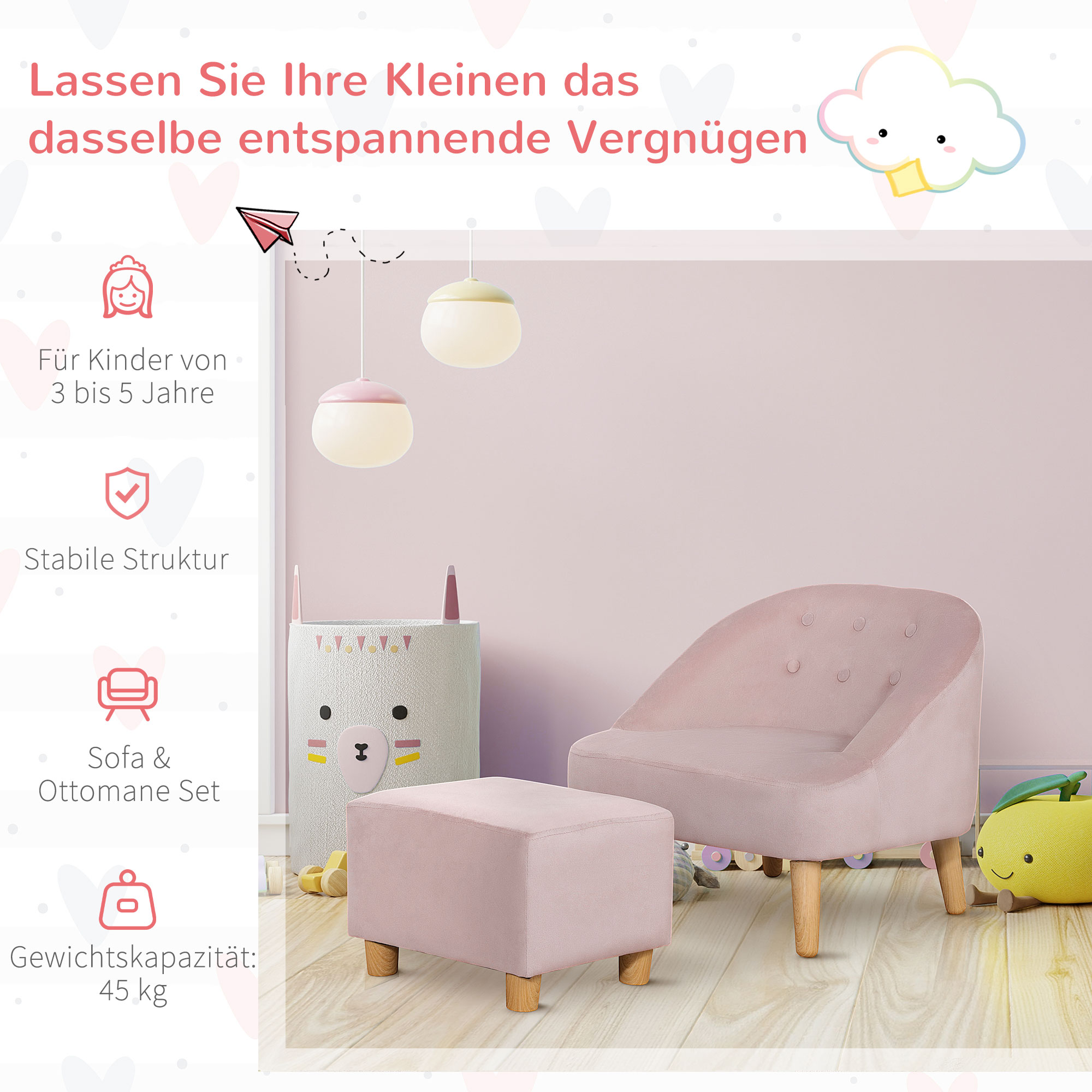 Homcom kinderfauteuil met voetenbank voor kinderen van 3 tot 5 jaar, schattig fluwelen design, 51 cm x 51 cm x 50 cm, roze