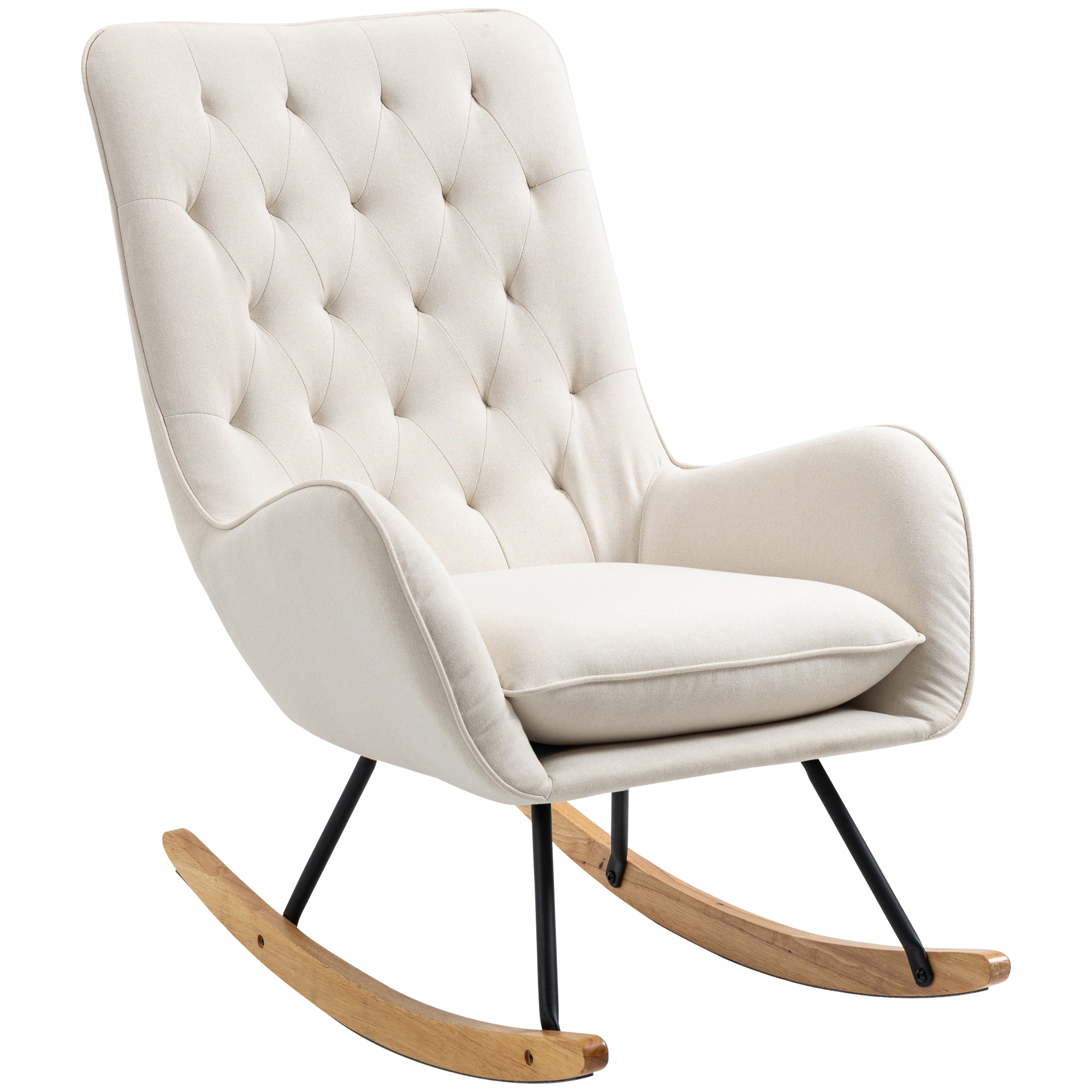 HOMCOM Schommelstoel in Scandinavisch design - Relaxfauteuil met knopsteekdetailing, 69 cm x 90 cm x 100 cm, Crème + Natuur + Zwart