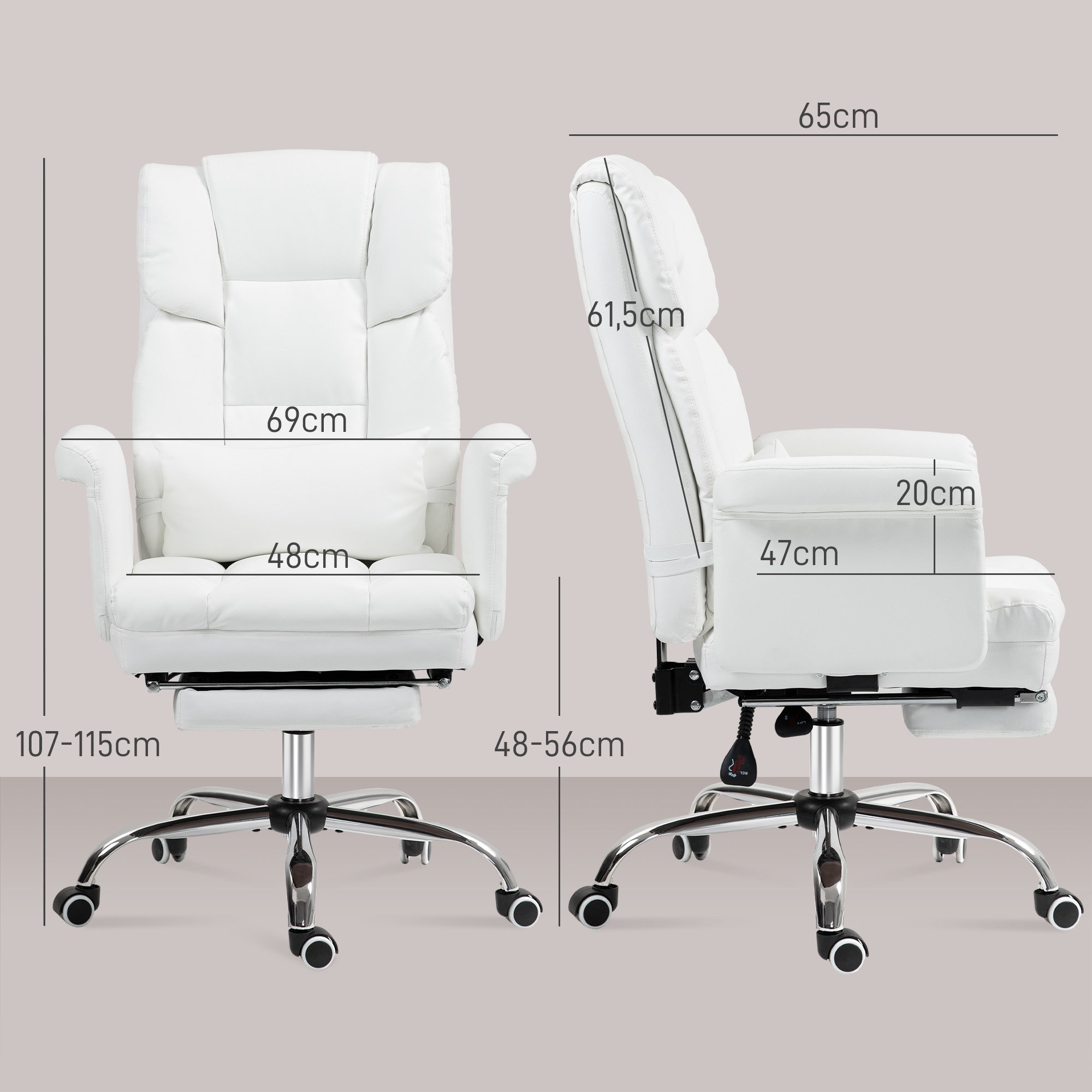 HOMCOM Ergonomische Bureaustoel, In Hoogte Verstelbaar 48-56 cm, Kantelbare Rugleuning, Voetsteun, Wit