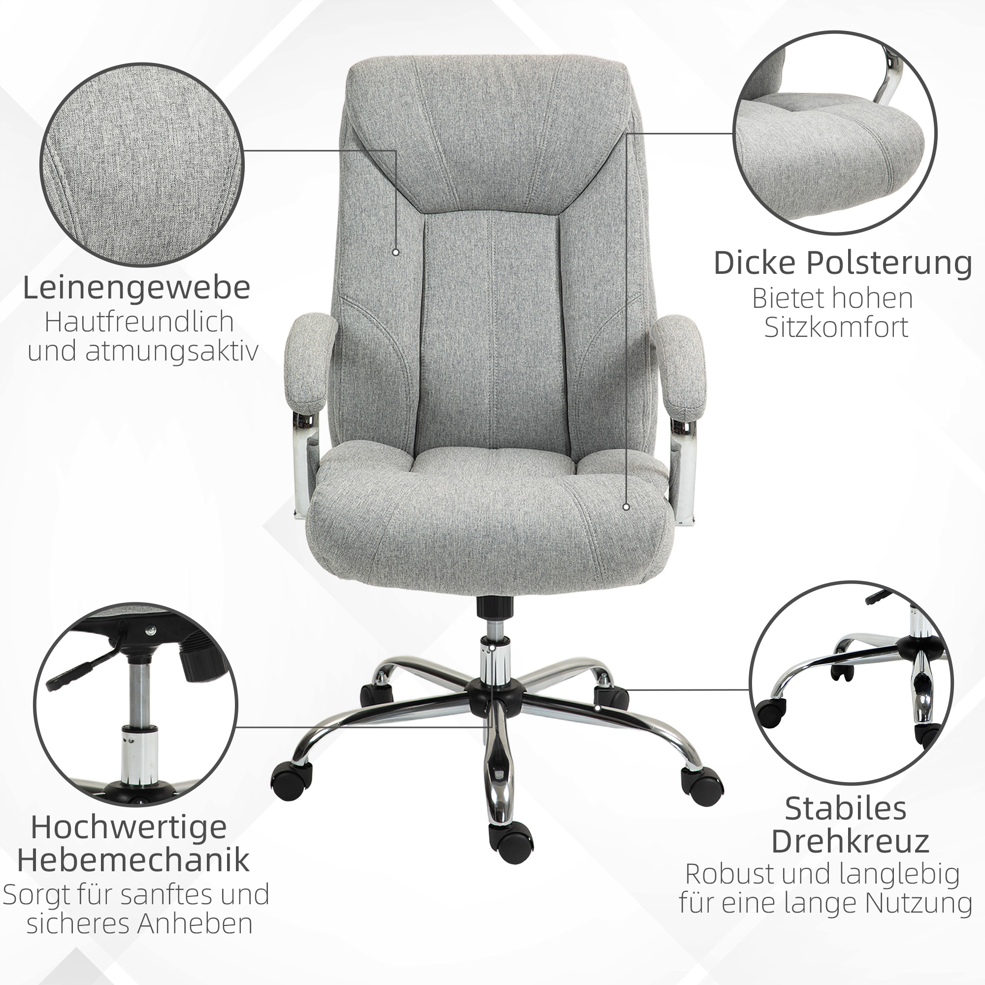 Vinsetto Ergonomische Bureaustoel, Hoge Rugleuning, Ademende Bekleding, Verstelbare Hoogte, Grijs