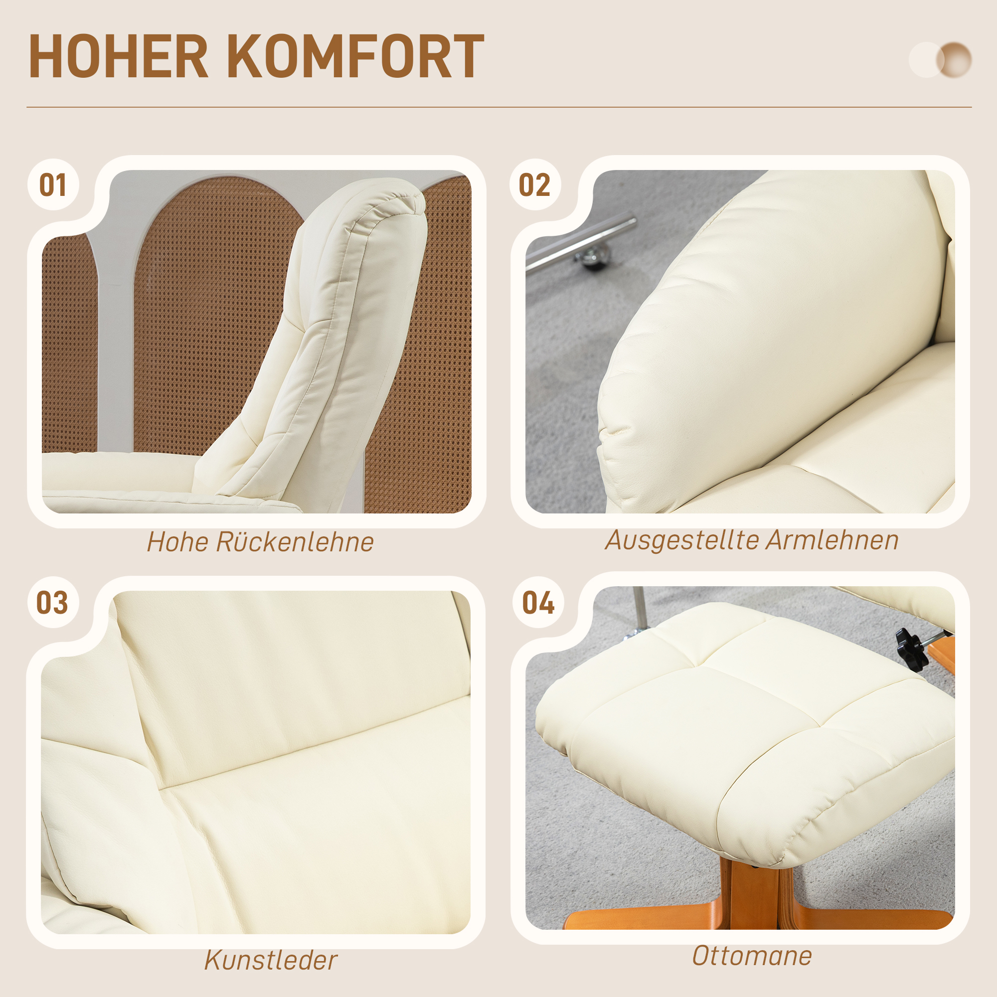 HOMCOM Relaxfauteuil met Voetenbankje, Ligfunctie, Kunstleder Bekleding, tot 150 kg, 71 x 84 x 102 cm, Crèmewit