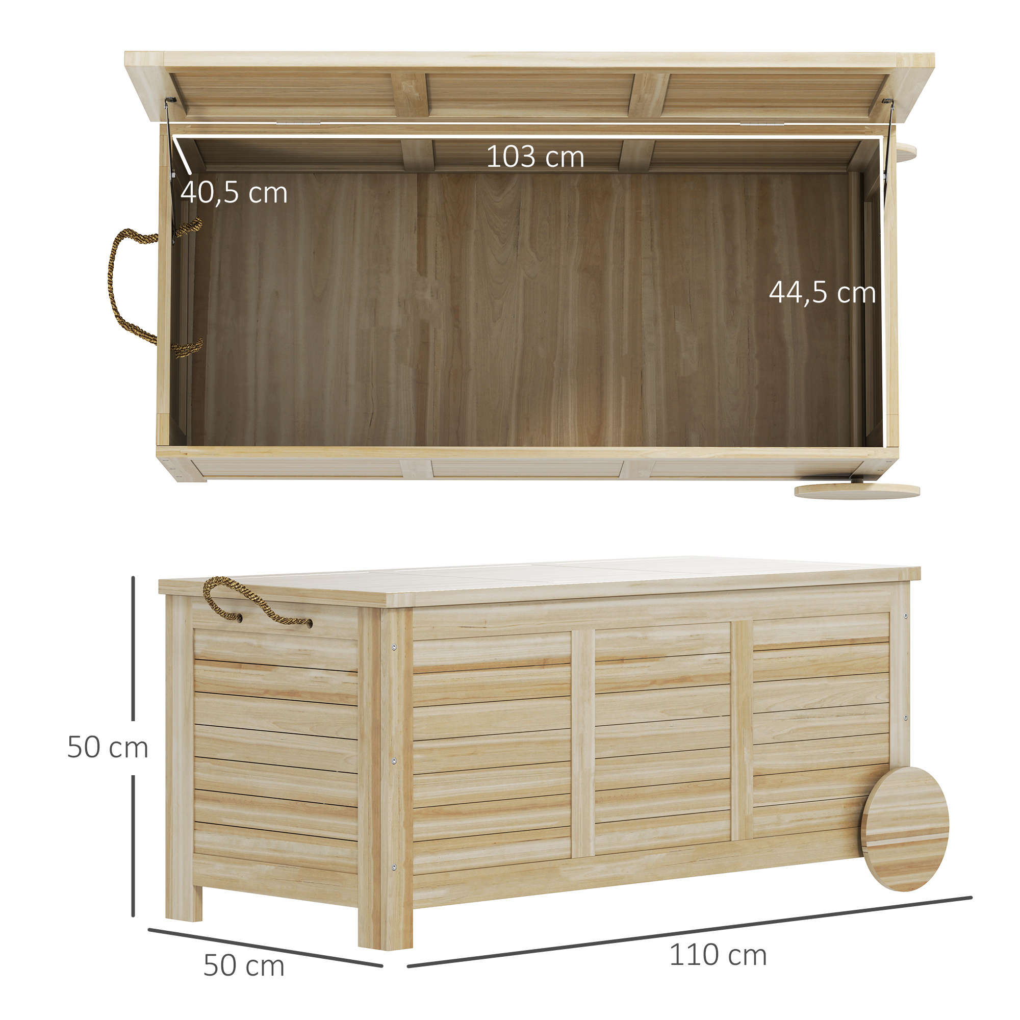 Outsunny 185 L Buitenopslagbox, Opbergkist met Wielen, Weerbestendig, Dennenhout, 110 x 50 x 50 cm, Lichtbruin