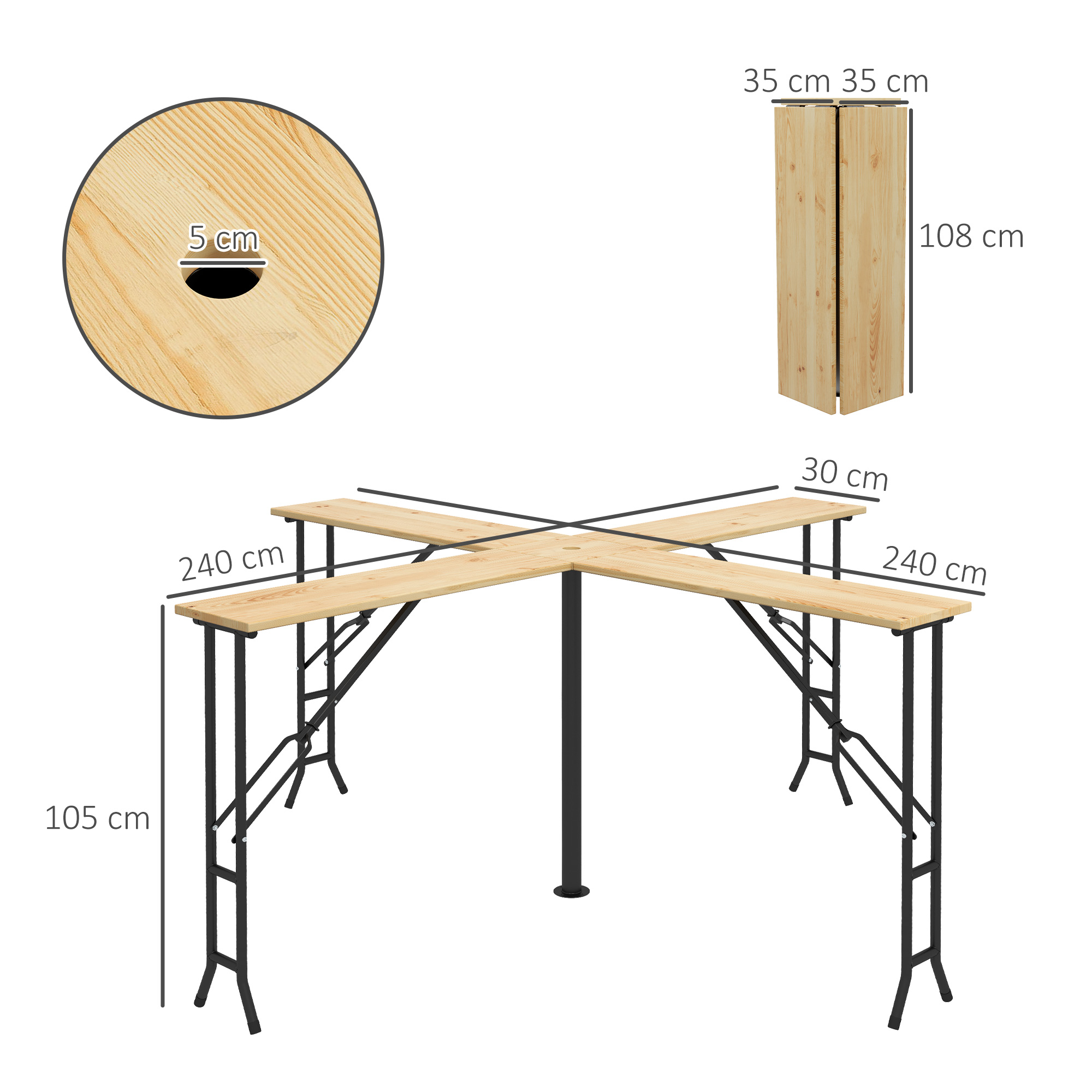 Outsunny Picknicktafel, Opvouwbare Buitentafel, voor 20 Personen, Weerbestendig, Metaal, Grenenhout, 2,4x2,4x1m, Natuur/Zwart