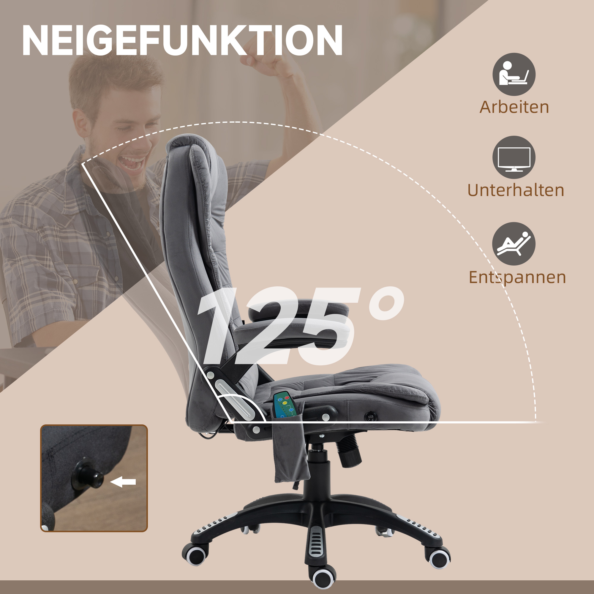 Vinsetto Bureaustoel met Massage- & Verwarmingselement, ergonomisch, in hoogte verstelbaar, Donkergrijs