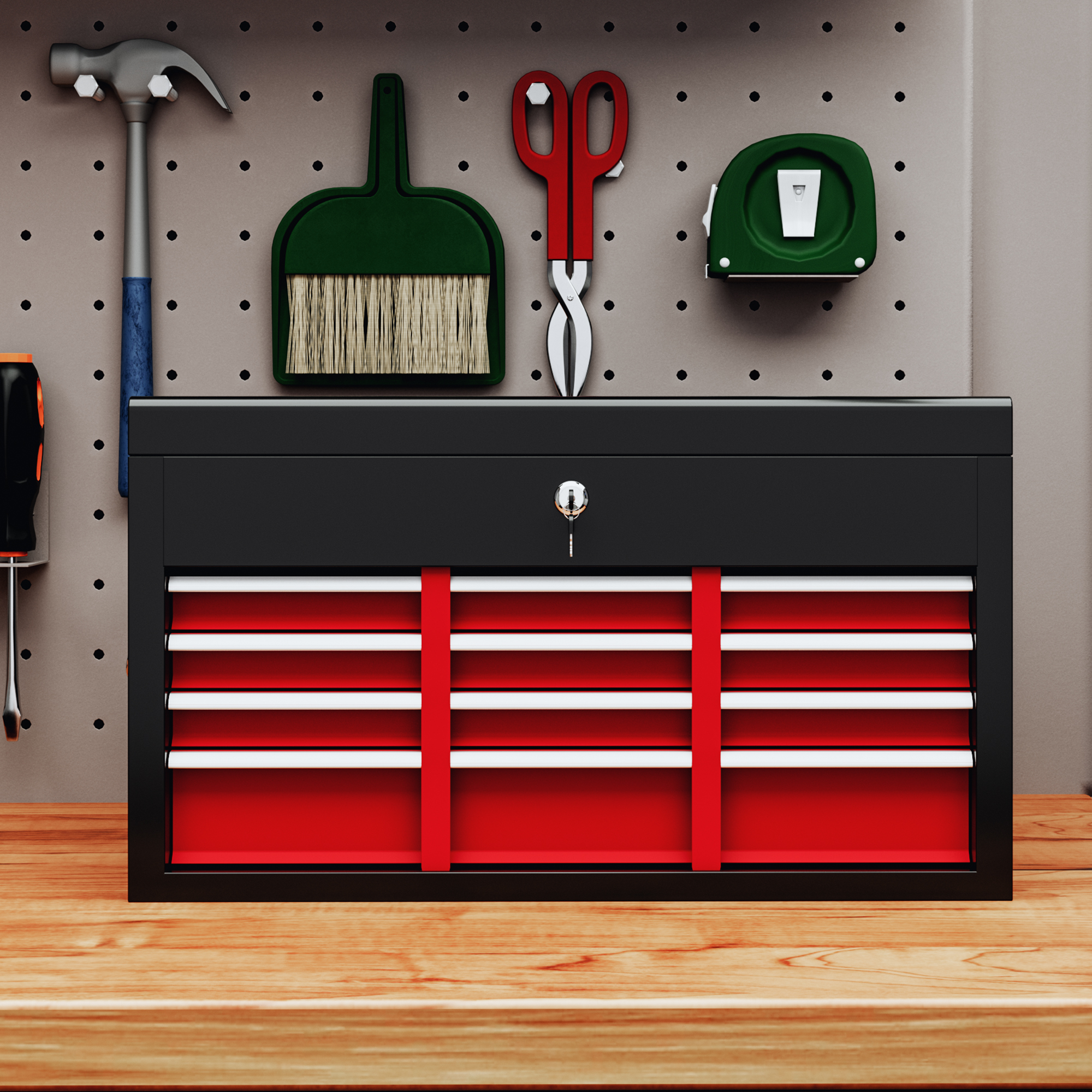 HOMCOM Gereedschapskist, afsluitbaar, 6 lades, stalen behuizing, 60x26x34cm, Rood+Zwart