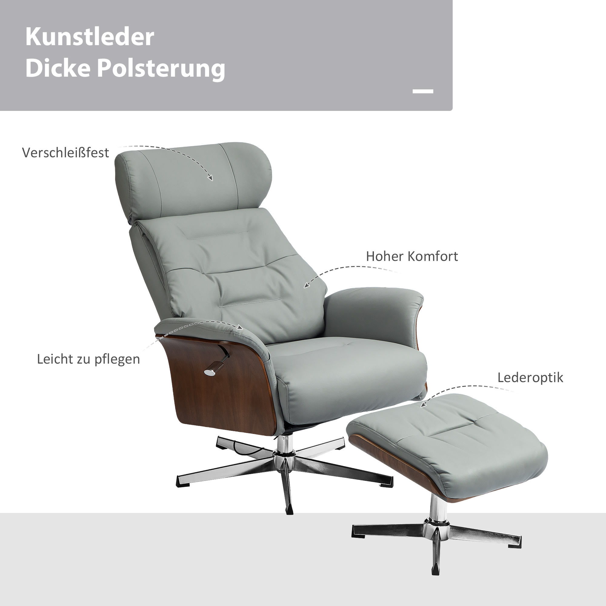 HOMCOM Relaxstoel met Hoker, Ligfunctie, Draaibaar, Lederoptiek, tot 150 kg, Lichtgrijs