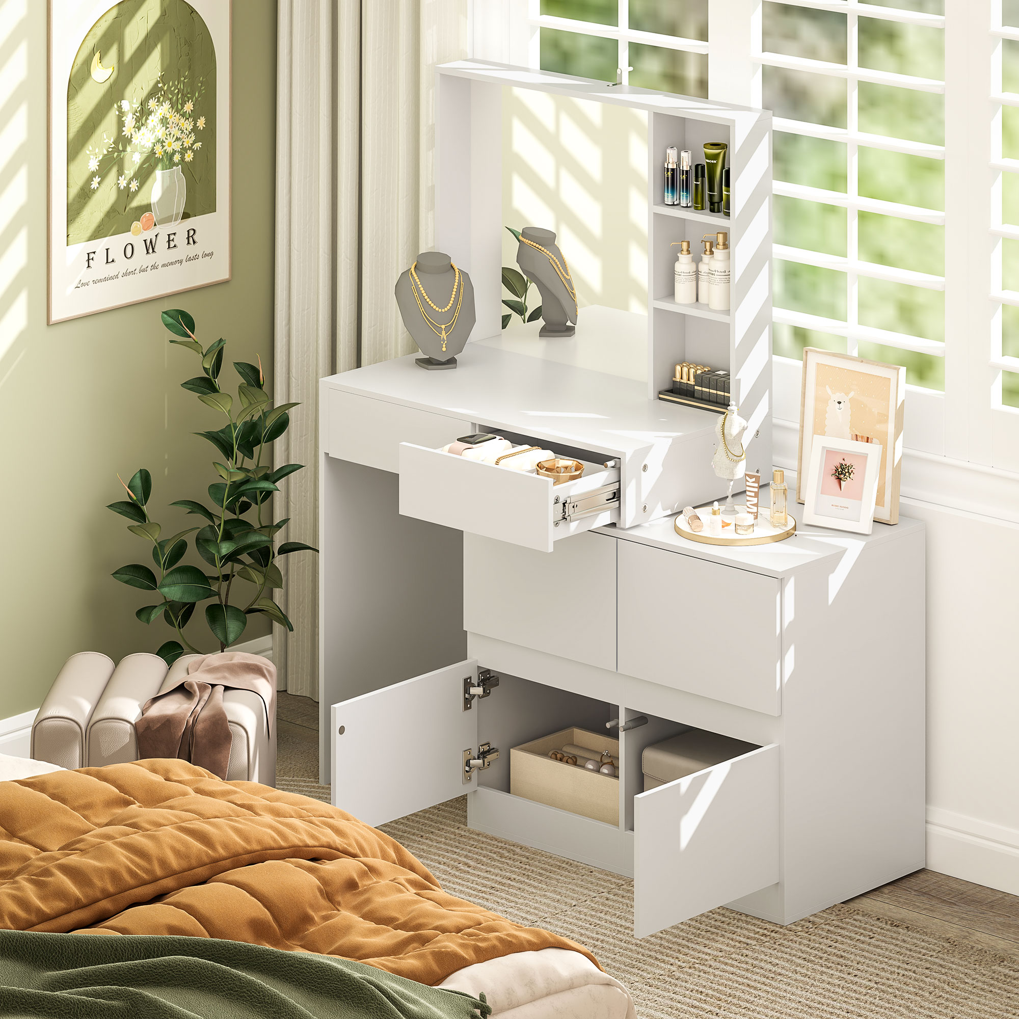 HOMCOM Kaptafel, Makeup-Tafel met Grote Spiegel, 4 Laden, 3 Open Vakken, 2 Kasten, MDF, Wit