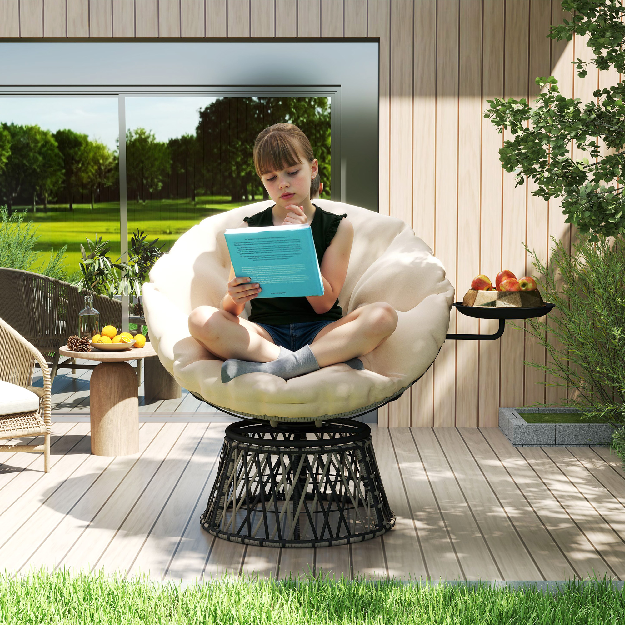 Outsunny 360° Draaibare Rattan Papasan Stoel met Kussen, Diameter 90 cm, Beige