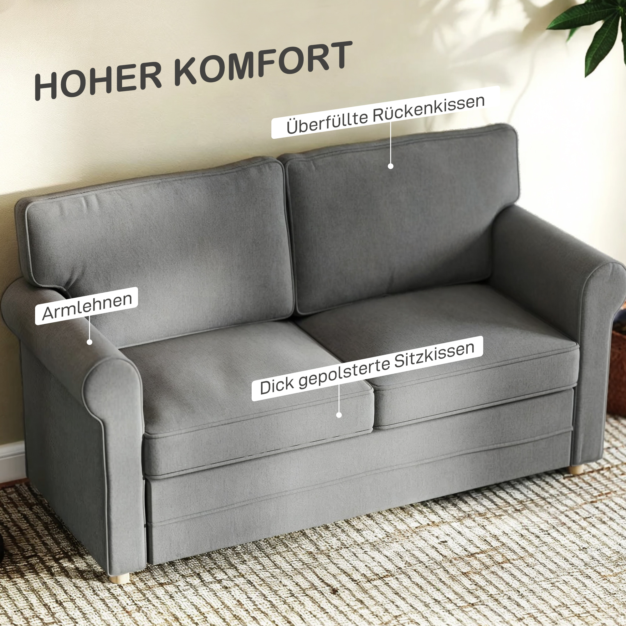 HOMCOM 2-zitsbank, Compacte Woonkamerbank, Stof in Linnenlook, Zachte Zitkussens, Stalen Frame, Donkergrijs
