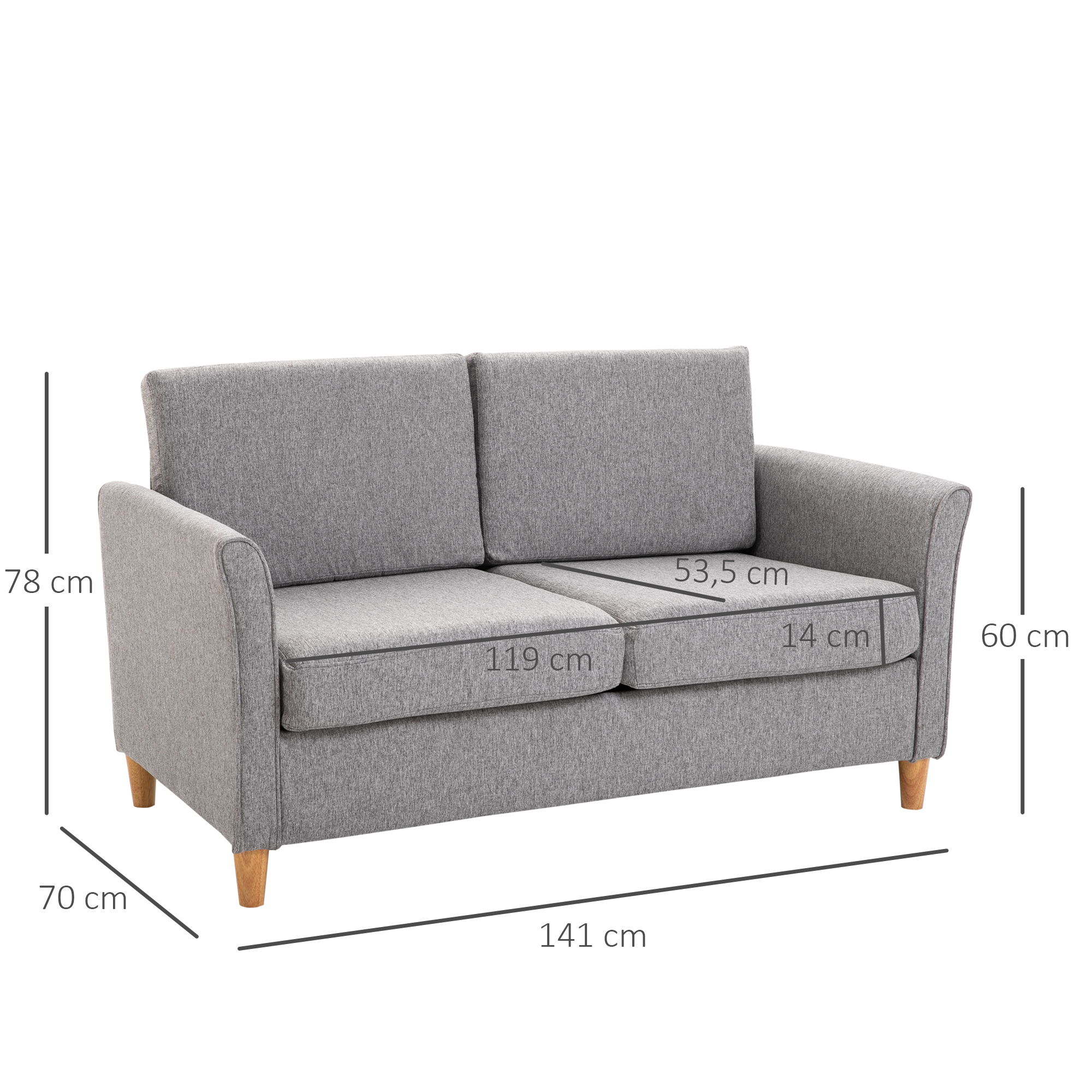 HOMCOM® tweezitsbank | Afneembare kussens | Linnen, schuimstof, rubberhout | Lichtgrijs | 141 x 65 x 78 cm | Aosom.de