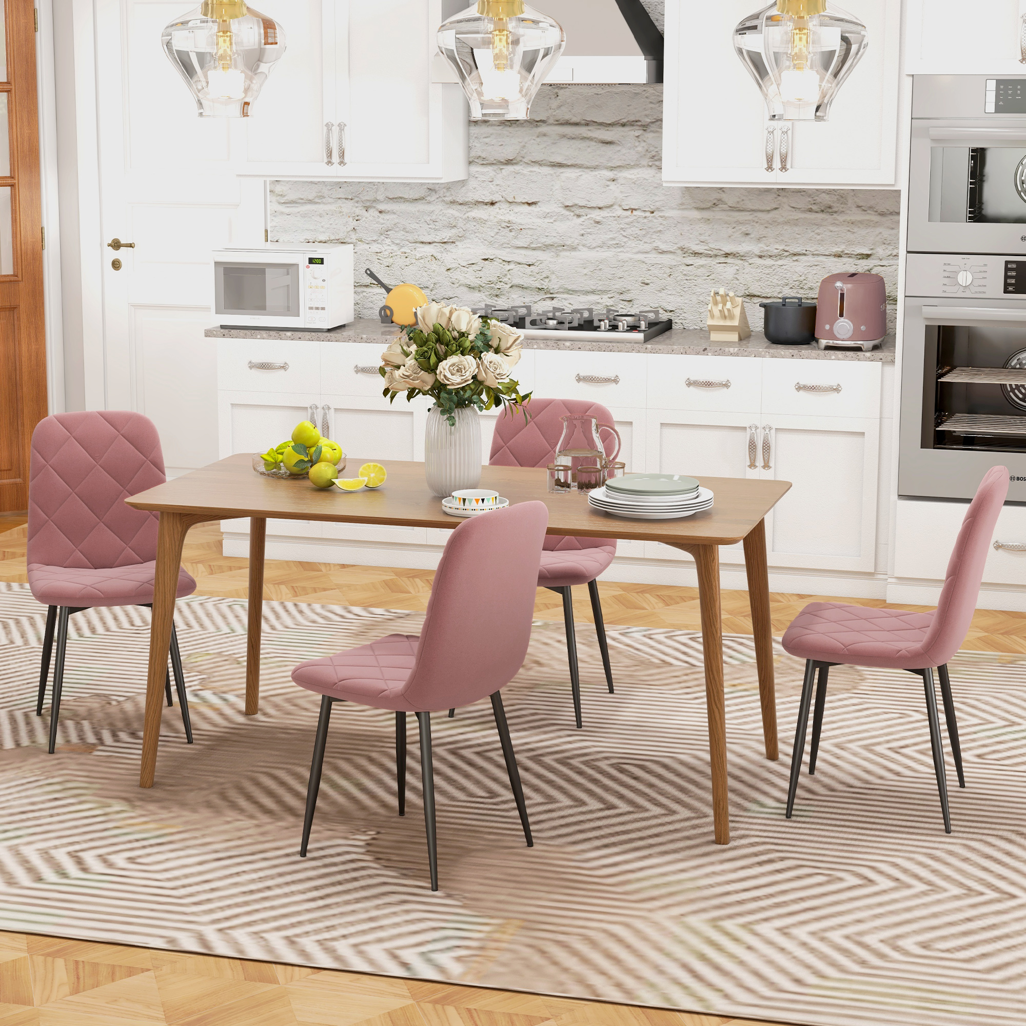 HOMCOM 4-delige Set Eetkamerstoelen in Fluwelen Look met Rugleuning, 45 x 54 x 87 cm, Roze