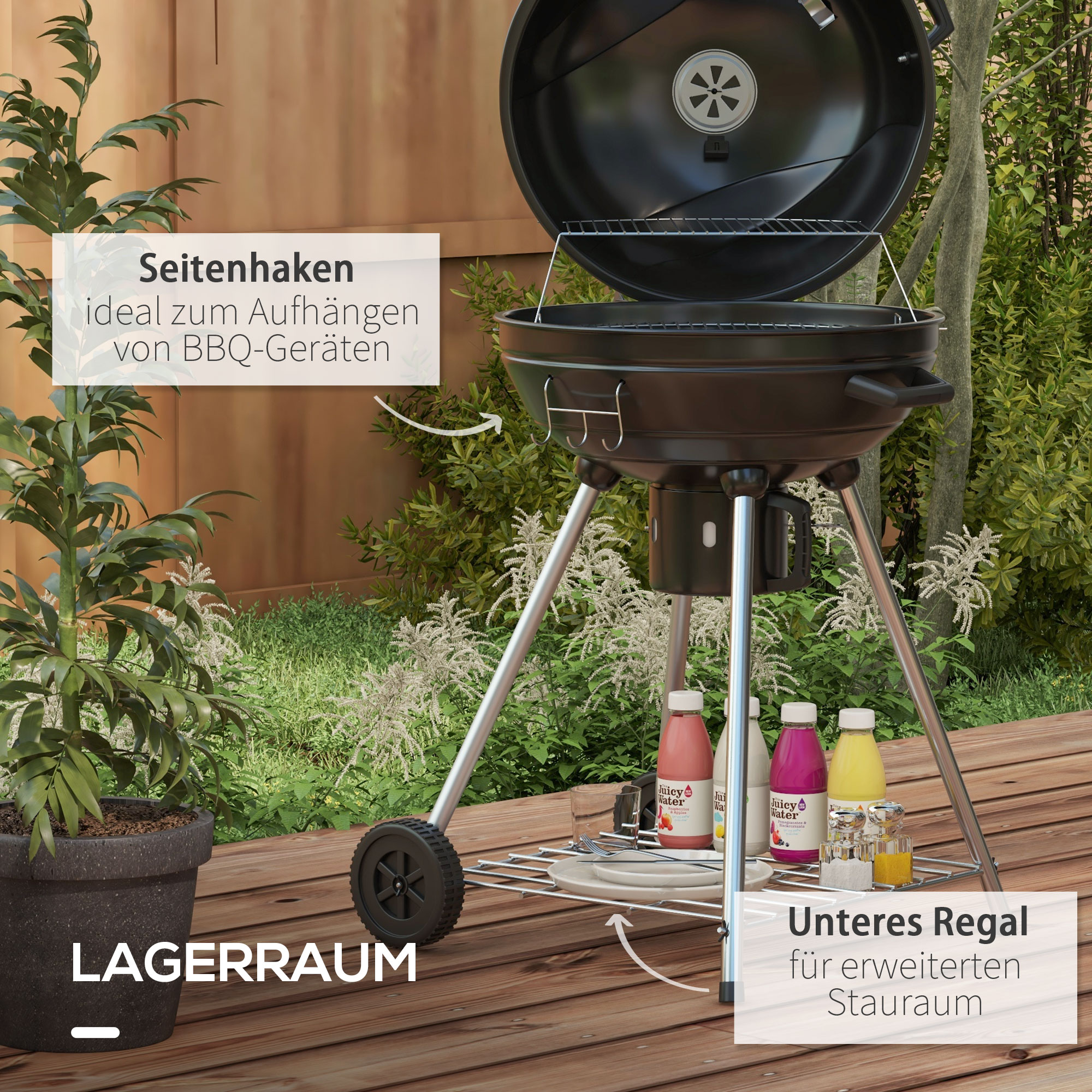 Outsunny Kogelbarbecue, Ø54 cm grillrooster, warmhoudrooster, opbergplank, aslade, thermometer, 55 x 65 x 89 cm, zwart