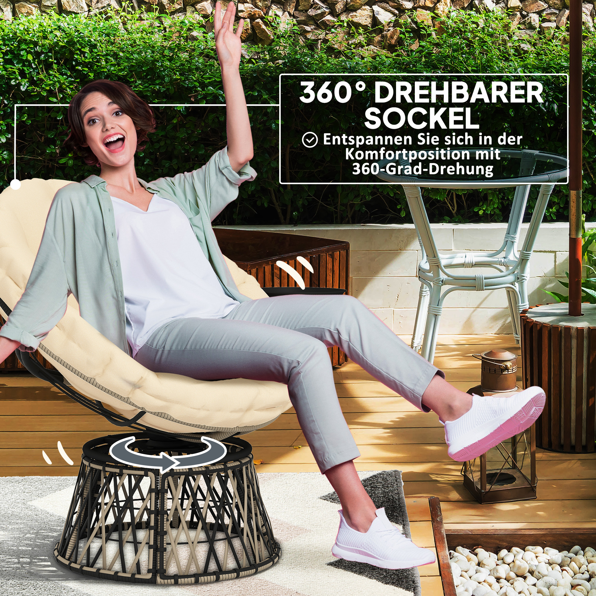 Outsunny 360° Draaibare Rattan Papasan Stoel met Kussen, Diameter 90 cm, Beige