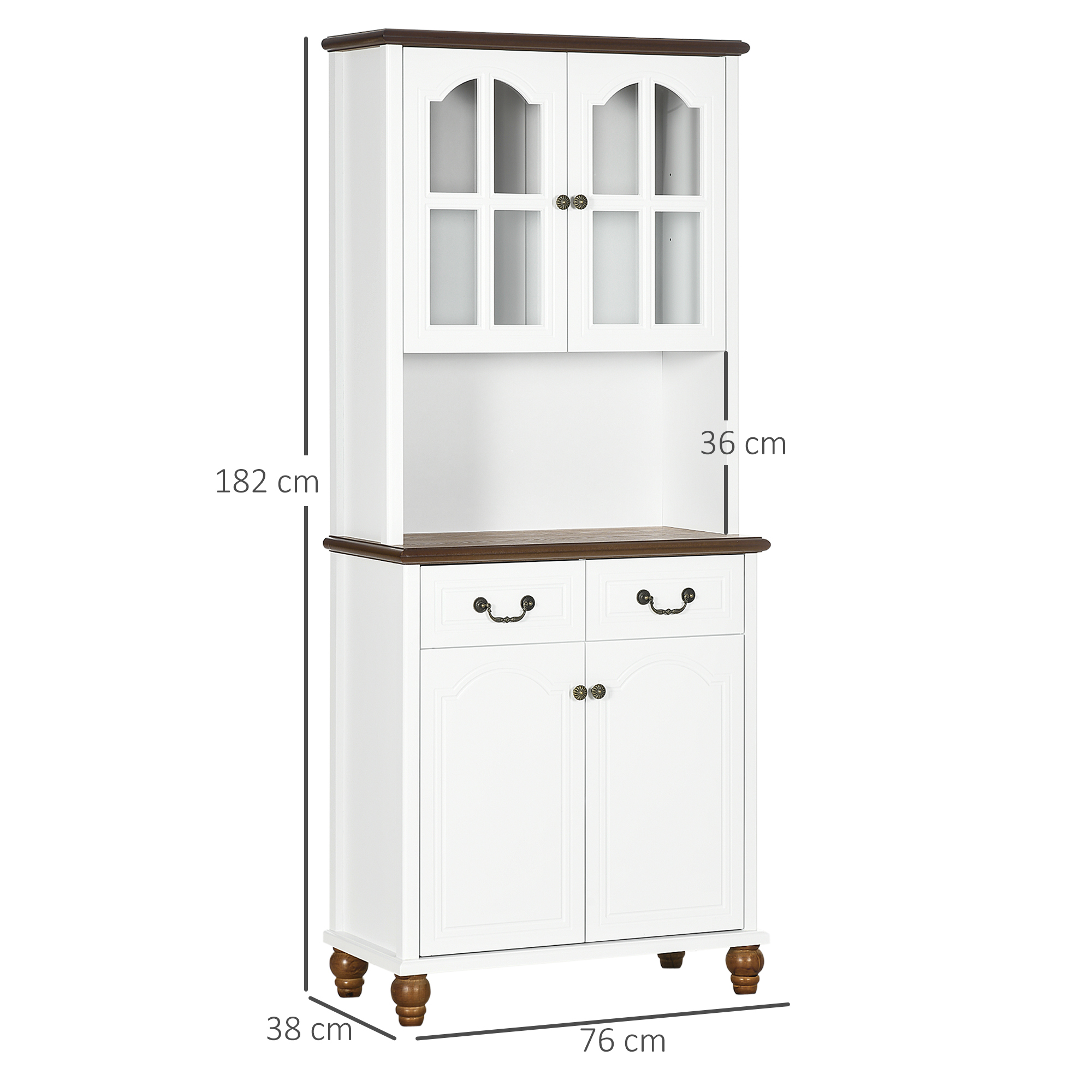 HOMCOM Kast voor in de keuken, buffet, 2 laden, 2 kastvakken, klassiek ontwerp, wit + donkerbruin, 76 x 38 x 182 cm