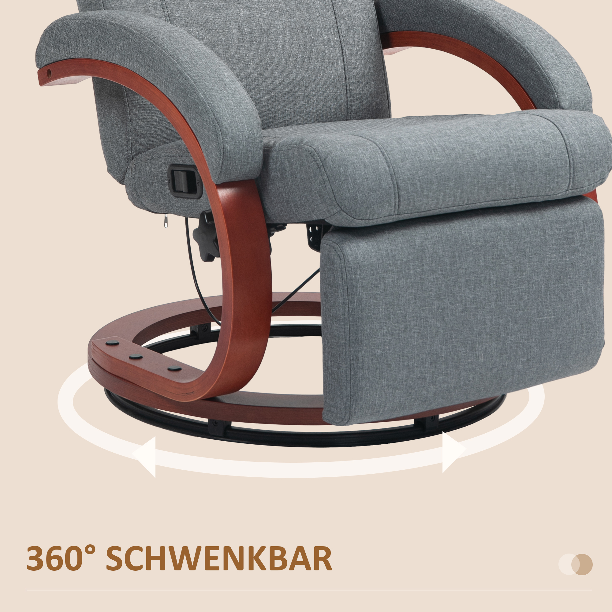 HOMCOM Relaxfauteuil met Opklapbare Voetensteun, Draaibaar, Kantelbare Rugleuning, Linnenlook, Tot 140 kg, Grijs