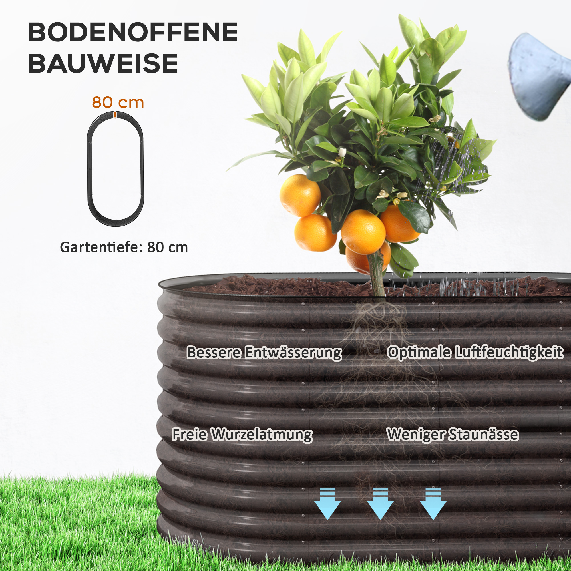 Outsunny Plantenkuip, Metalen Bloemenkuip met Veiligheidsrand en Handschoenen, Open Bodem, 160B x 80D x 80H cm, Donkergrijs