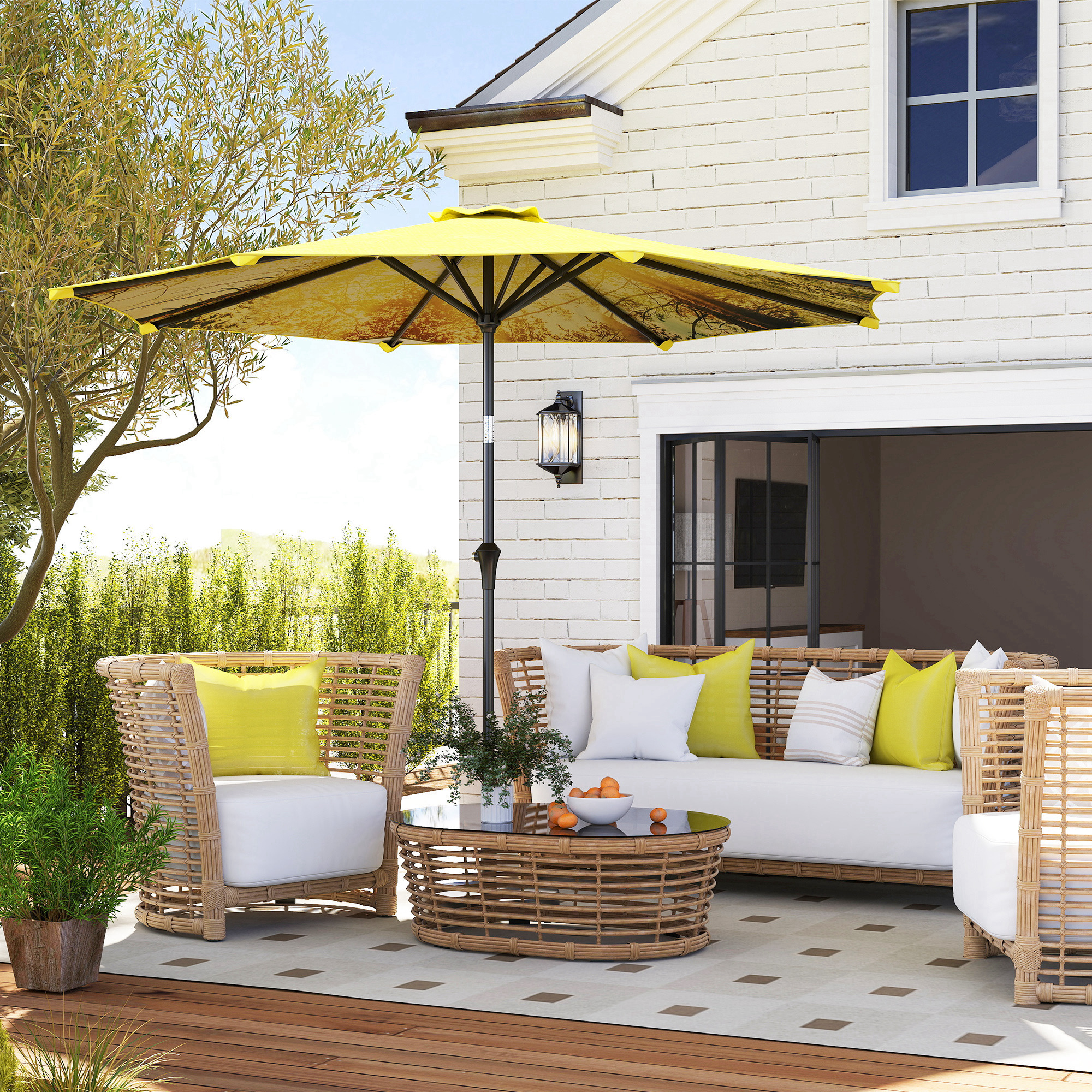 Outsunny Parasol Ø300 cm met Handmolen, Achthoekig, Geel