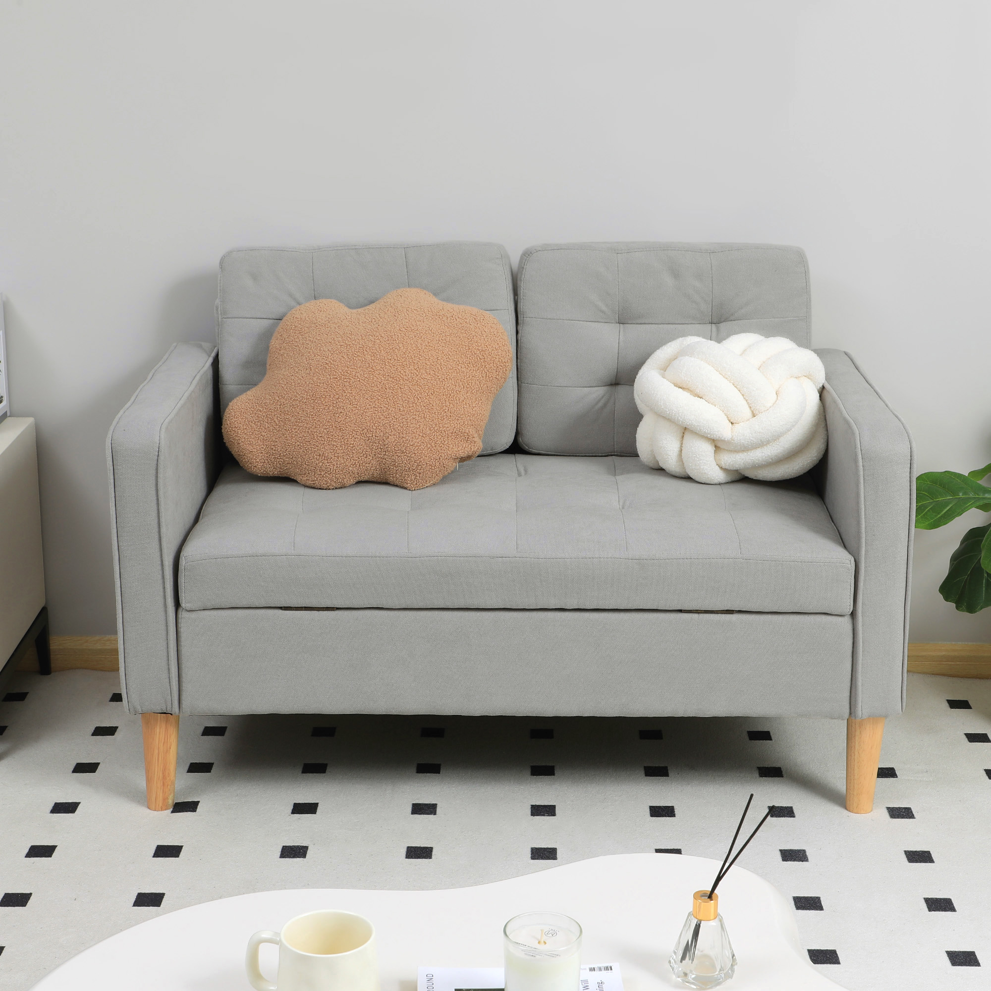 HOMCOM Tweezitsbank met Opbergruimte, Knopen Trekt, Kussens, Rubberhout, 117x62x78cm, Lichtgrijs