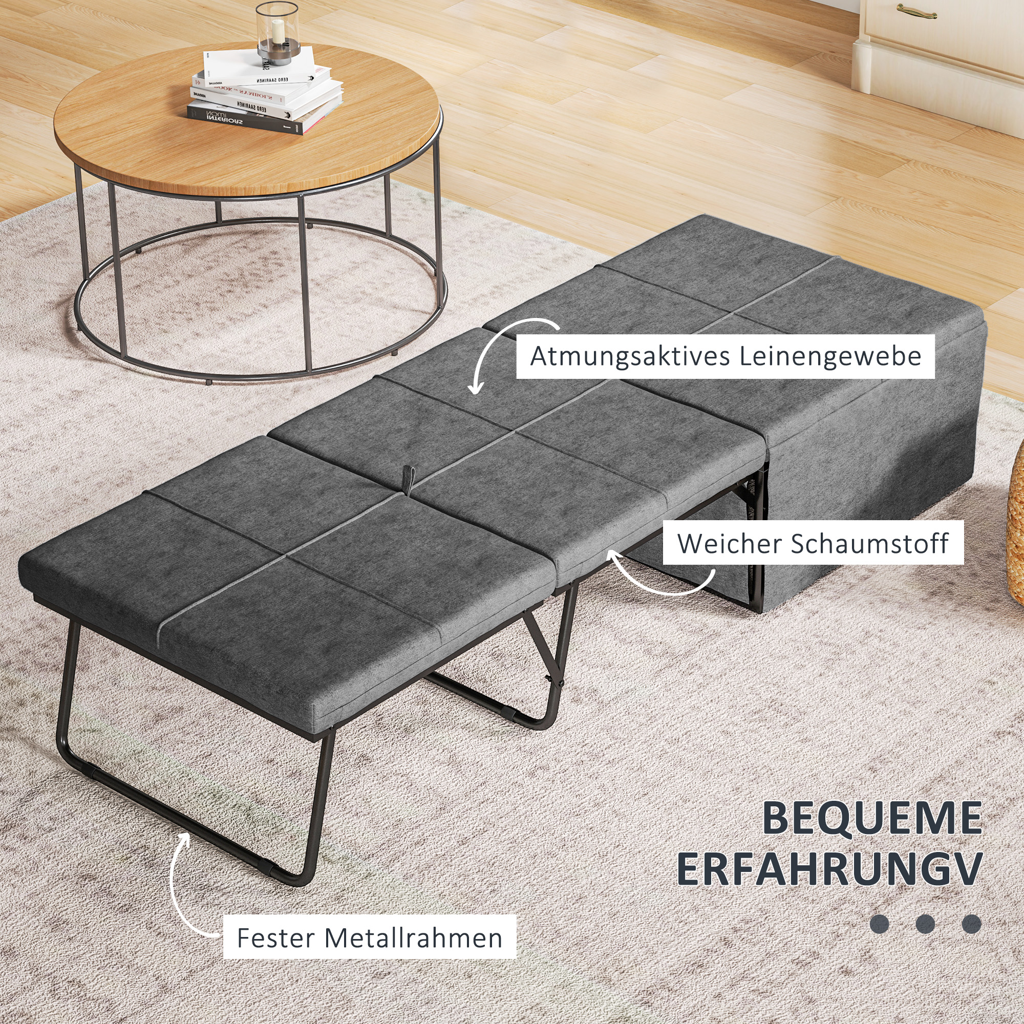 HOMCOM Opklapbaar Bed, met Matras en Stofhoes, 190 x 69 x 38,5 cm, Grijs