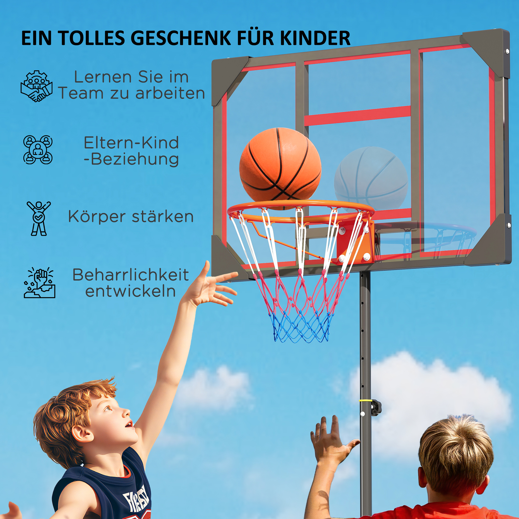 AIYAPLAY Kinderbasketbalring, buiten, voor kinderen, 210-260 cm in hoogte verstelbaar, met wielen, vanaf 6 jaar, Rood