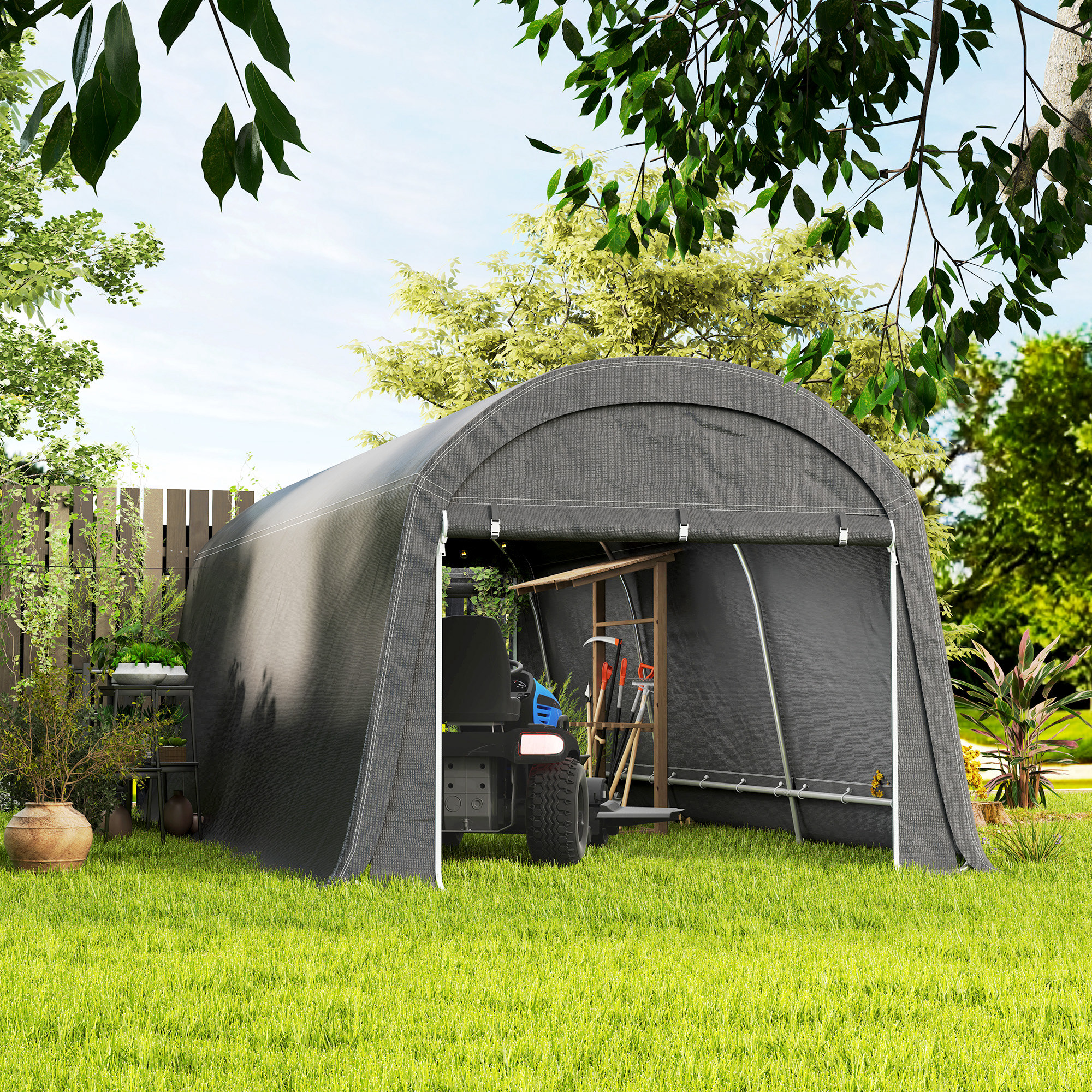 Outsunny Tuinschuur met Kunststof Zeil, Gereedschapstent, Opzetbare Garage, 300B x 600D x 230H cm, Donkergrijs