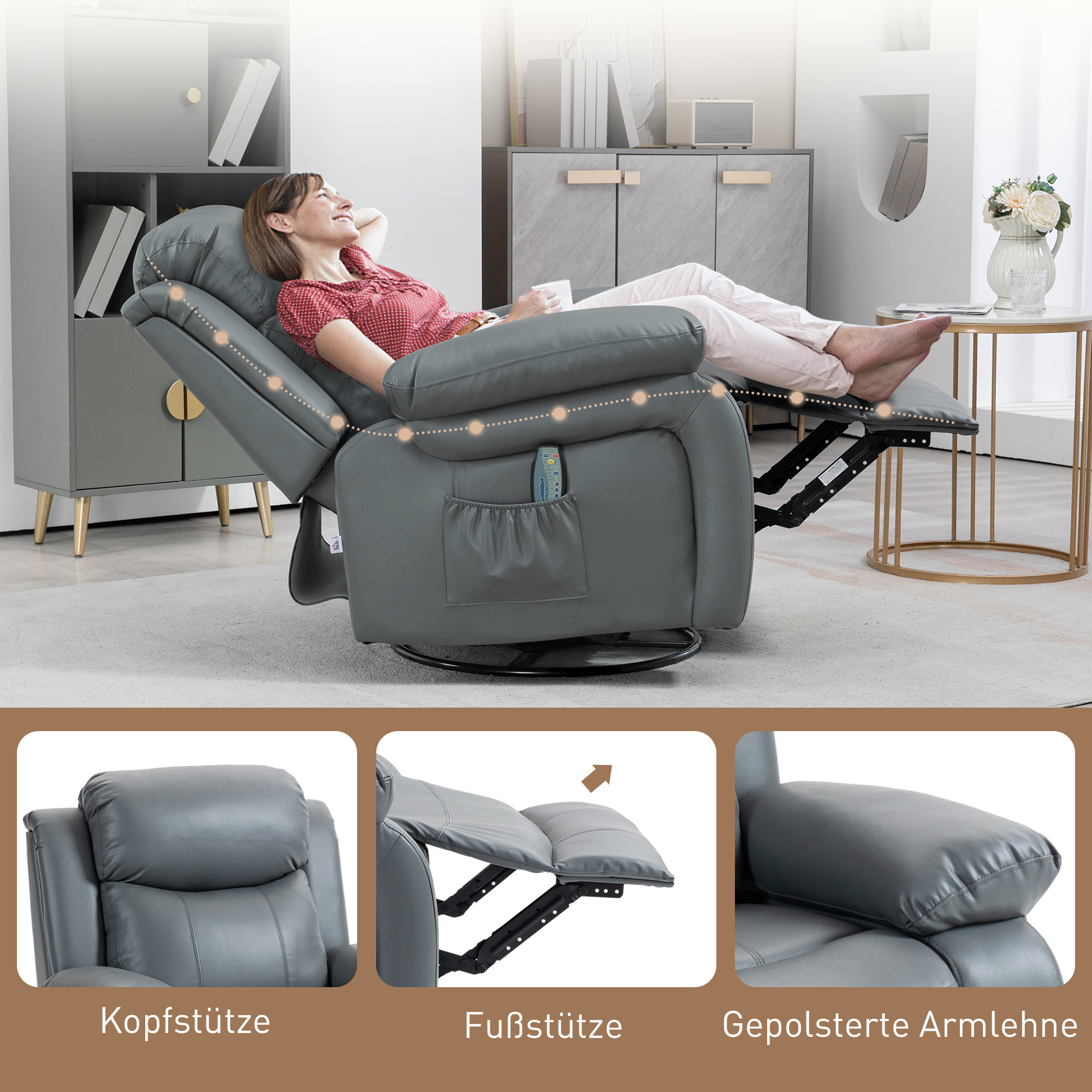 HOMCOM Massagestoel met Schommel- & Ligfunctie, Draaibaar, Tot 150 kg, Kunstleer, Grijs