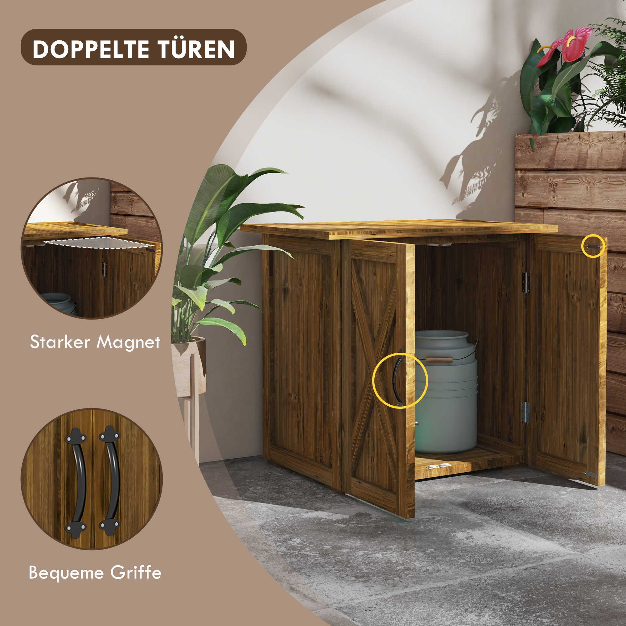 Outsunny Tuinhuisje met dubbele deuren, magneetsluitingen, weerbestendig, natuurlijk hout, 77B x 55D x 72H cm, bruin