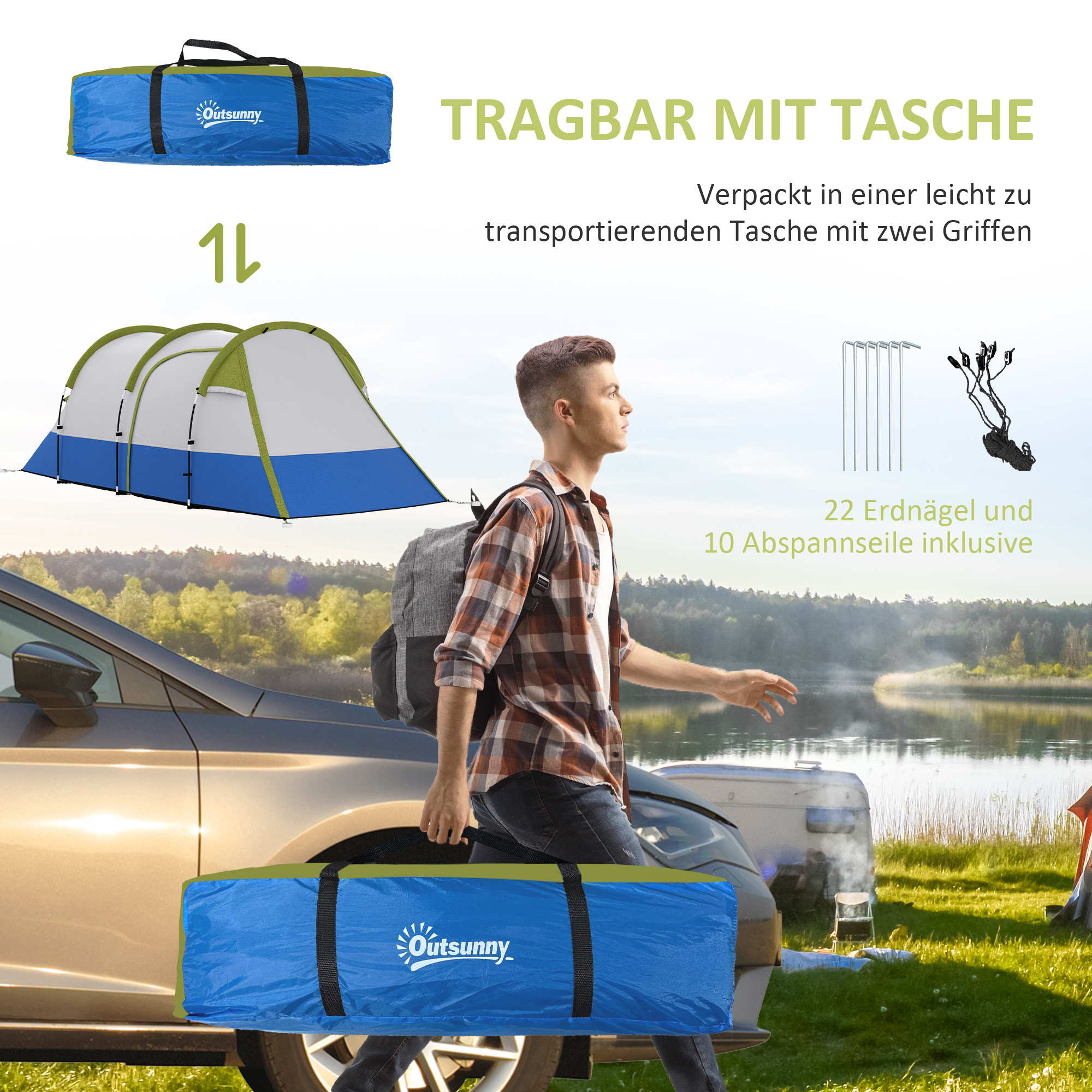 Outsunny Campingtent, voor 3 Personen, Lantaarnhaak, Drie Ingangen, Waterdicht, Groen