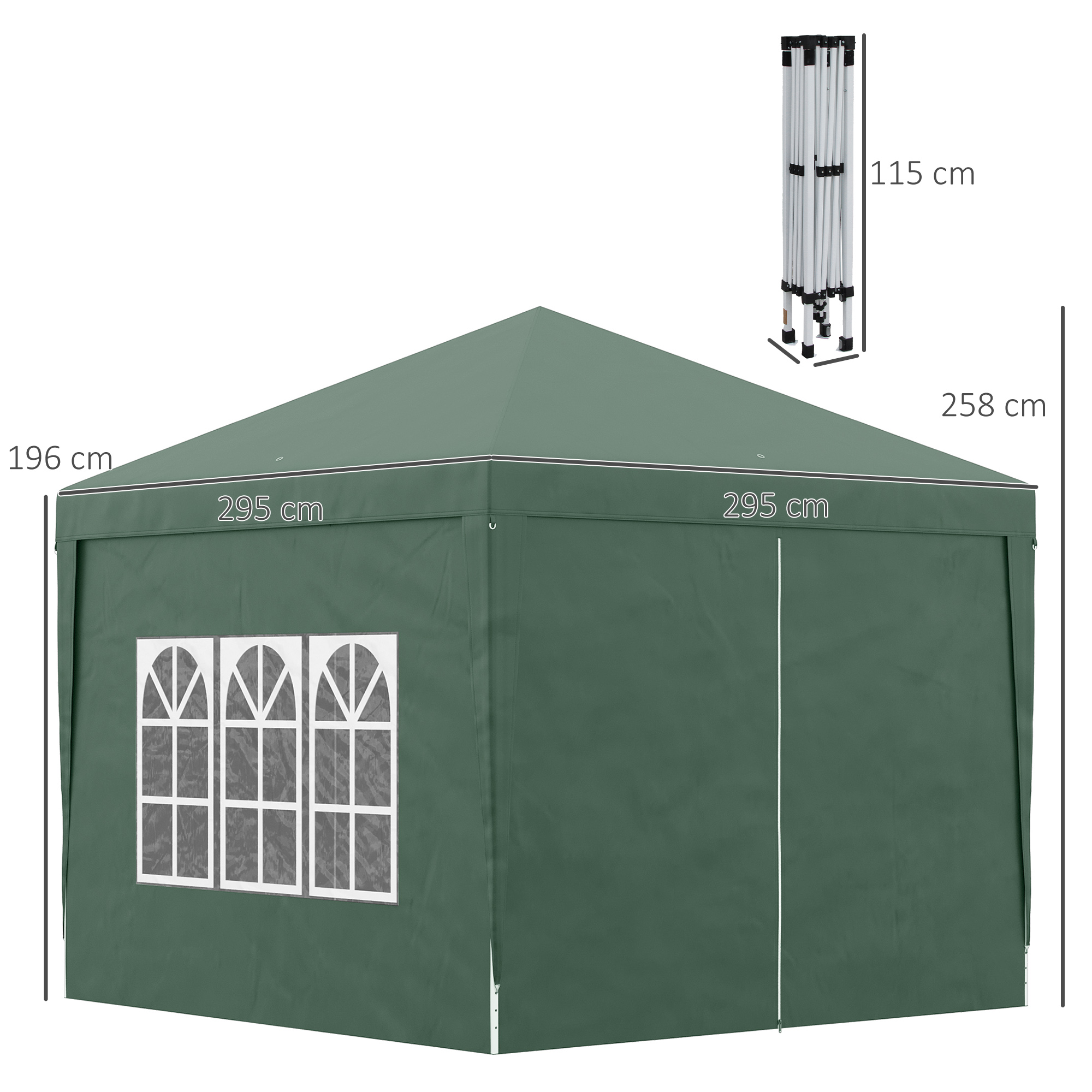 Outsunny Paviljoen, Biertent, 4 verwijderbare zijwanden, 2 ramen, Metalen frame, 2,95 x 2,95 m, Groen