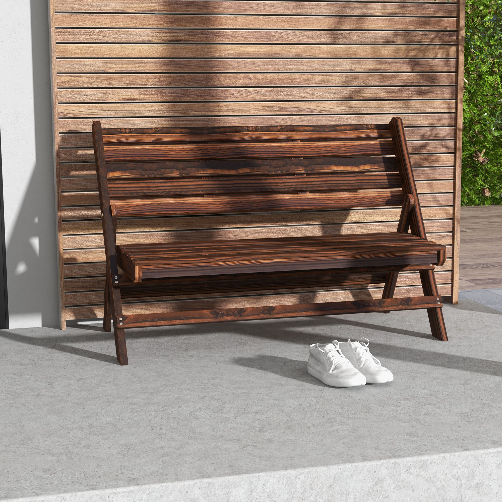 Outsunny Tuinbank voor 2 personen, rustiek ontwerp, inklapbaar, natuurlijk hout, 122 x 63 x 83 cm, gebrande afwerking