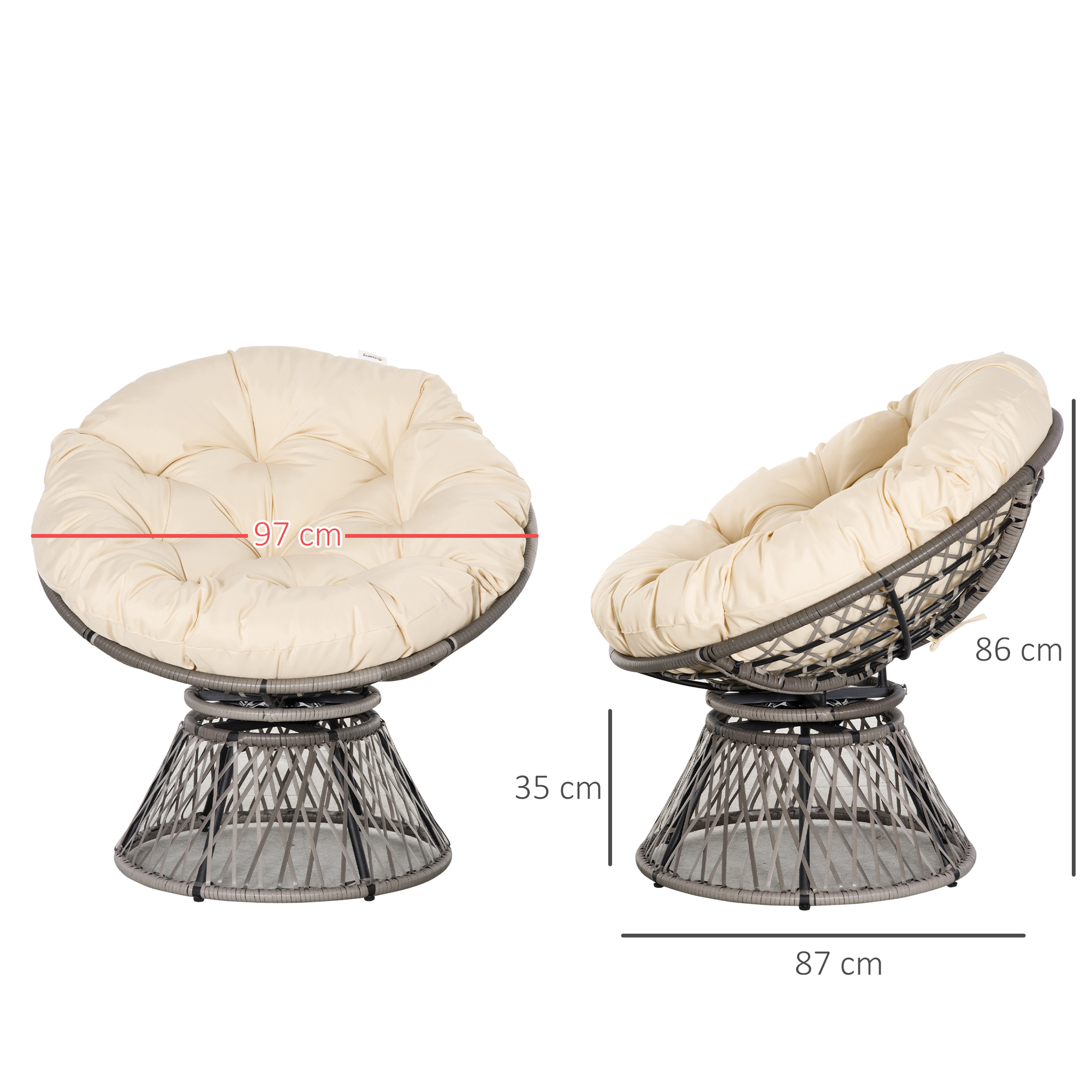 Outsunny Papasan Stoel Rotan Fauteuil met Kussen, Kunstrotan, Draaibaar, 87 x 97 x 86 cm, Beige