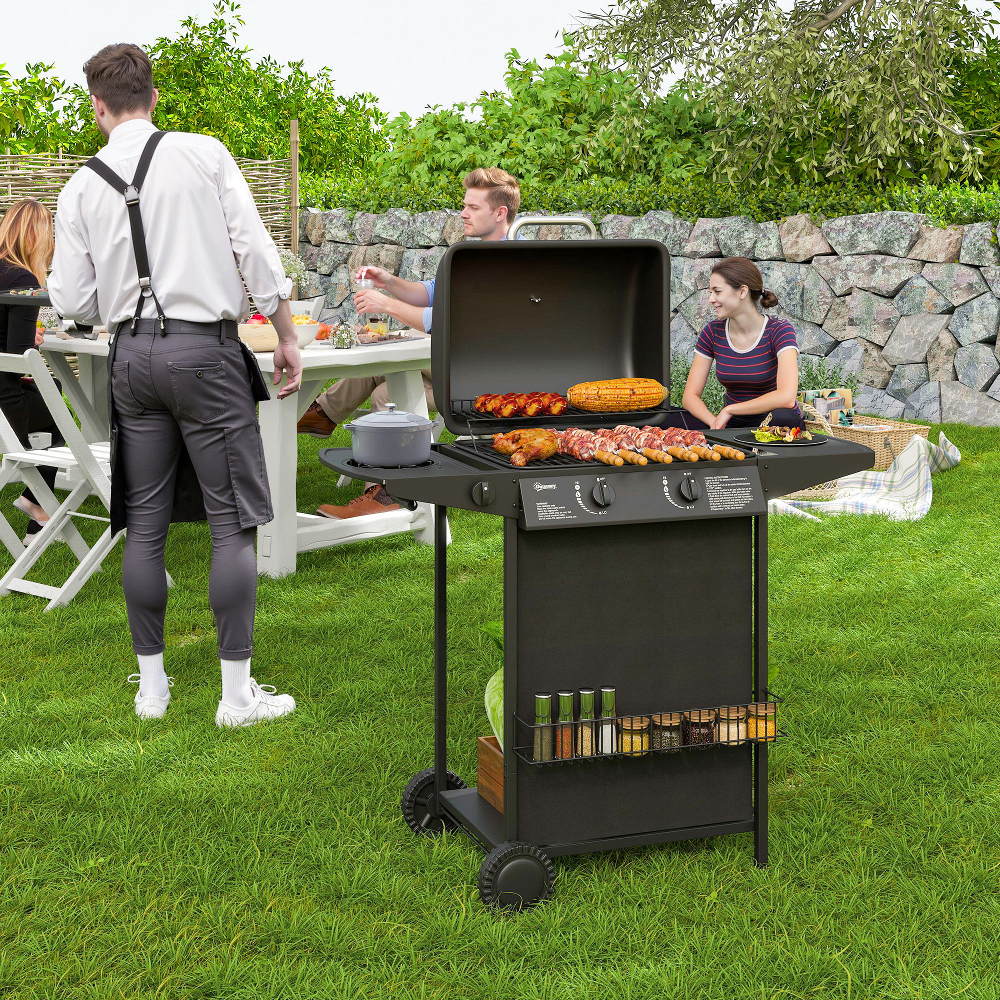 Outsunny Gasbarbecue 7 KW met 3 Branders, Zijbrander, Rollen & Deksel 107 x 54 x 96 cm Zwart
